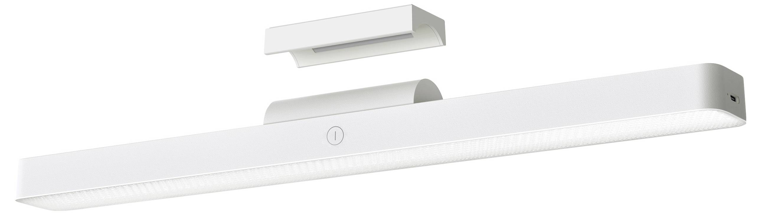 Weiße LED-Leuchte mit rechteckigem Körper und runder Schaltertaste, montierbar an Decke oder Wand, geeignet für moderne Innenräume.