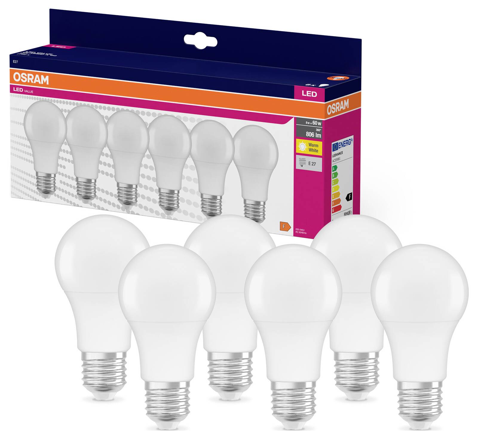 OSRAM HOMELIGHTING 4058075845640 LED EEK F (A - G) E27 8W = 60W Warmweiß (Ø x H) 60mm x 60mm 6St.