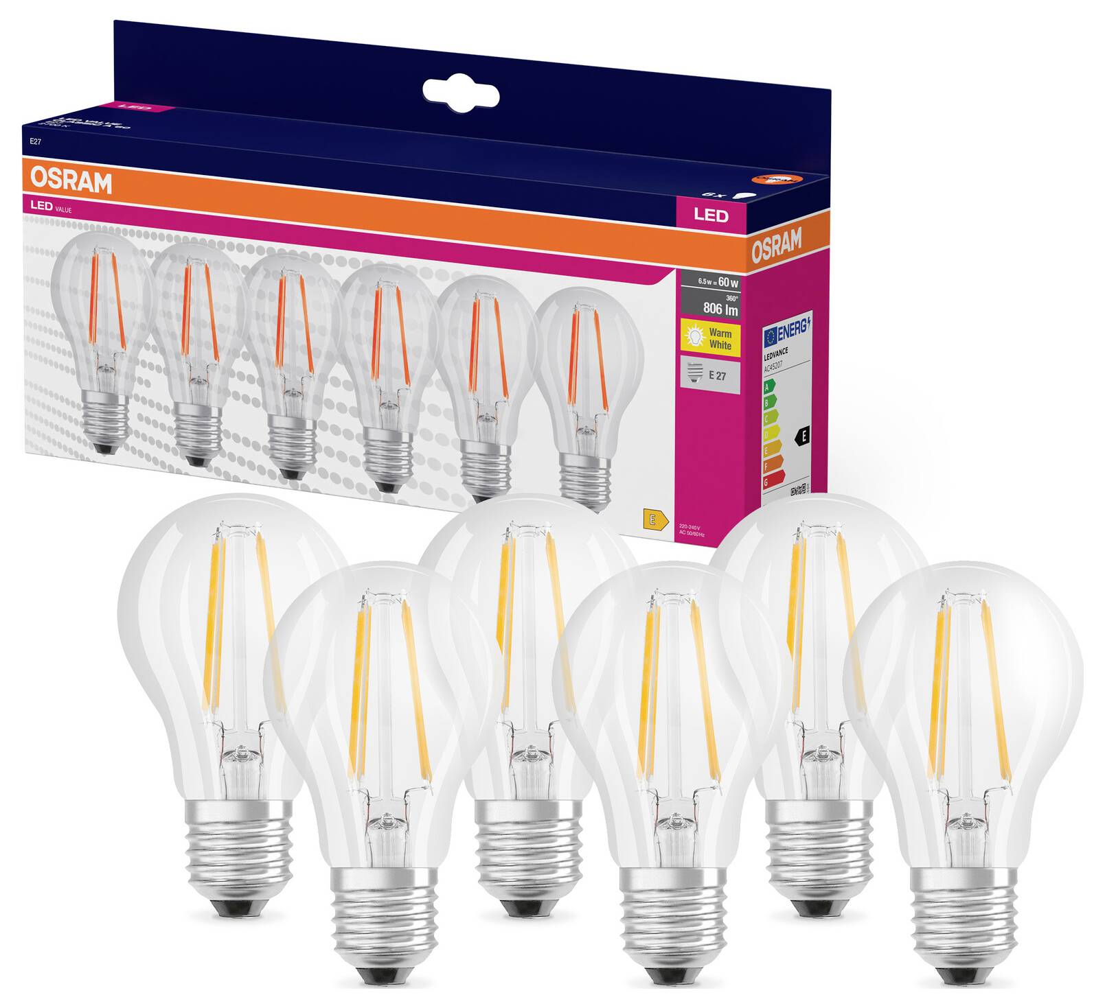 Sechs LED-Glühbirnen aufrecht stehend vor einer Verpackung mit der Aufschrift 'OSRAM'. Energiesparend, Typ E27, warmweißes Licht.