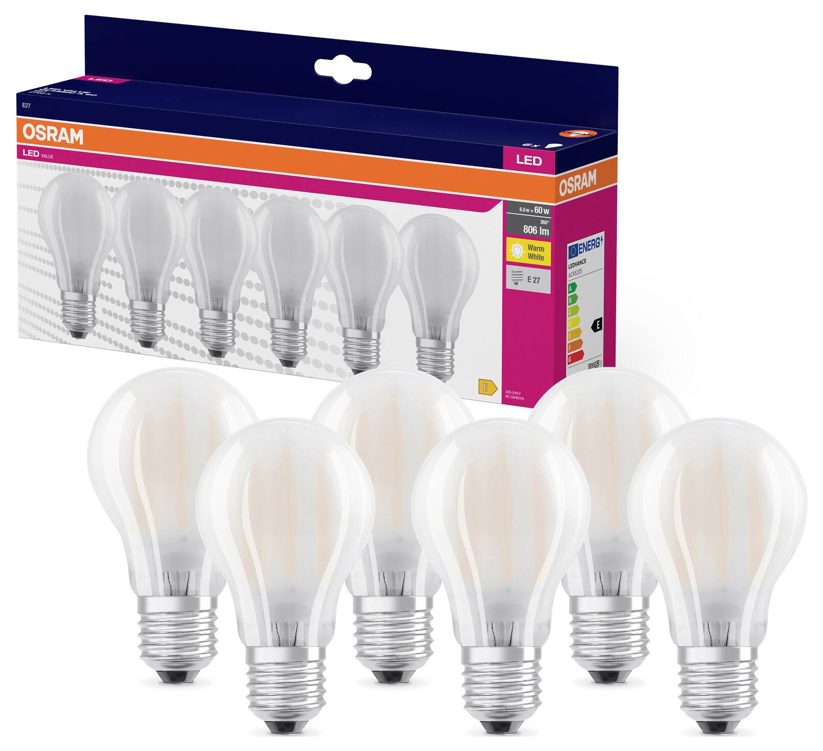 Sechs LED-Glühbirnen und ihre Verpackung von der Marke OSRAM. Verpackung zeigt Produktbeschreibung und Energieeffizienzklasse.
