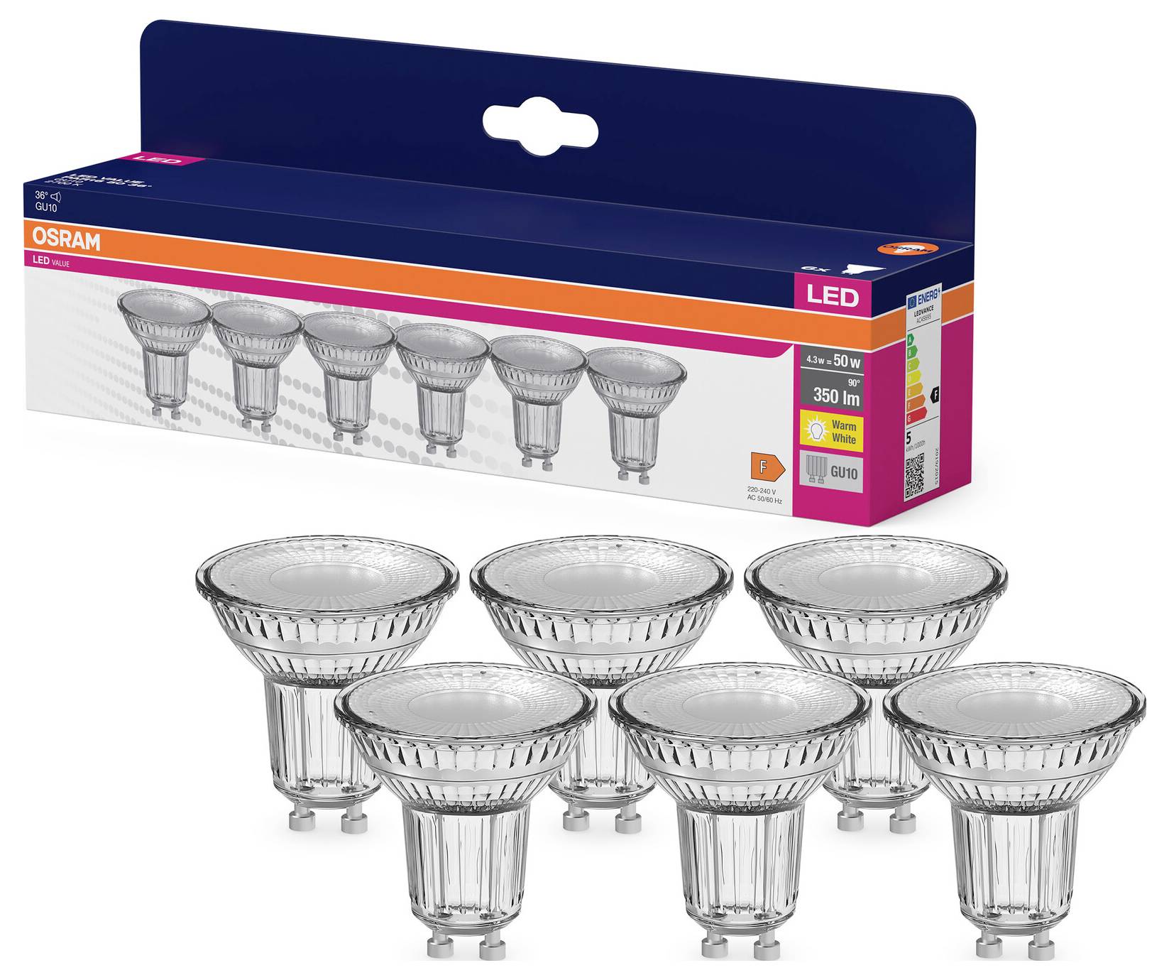 OSRAM HOMELIGHTING 4099854334443 LED EEK F (A - G) GU10 4.3W = 50W Warmweiß (Ø x H) 50mm x 50mm 6St.
