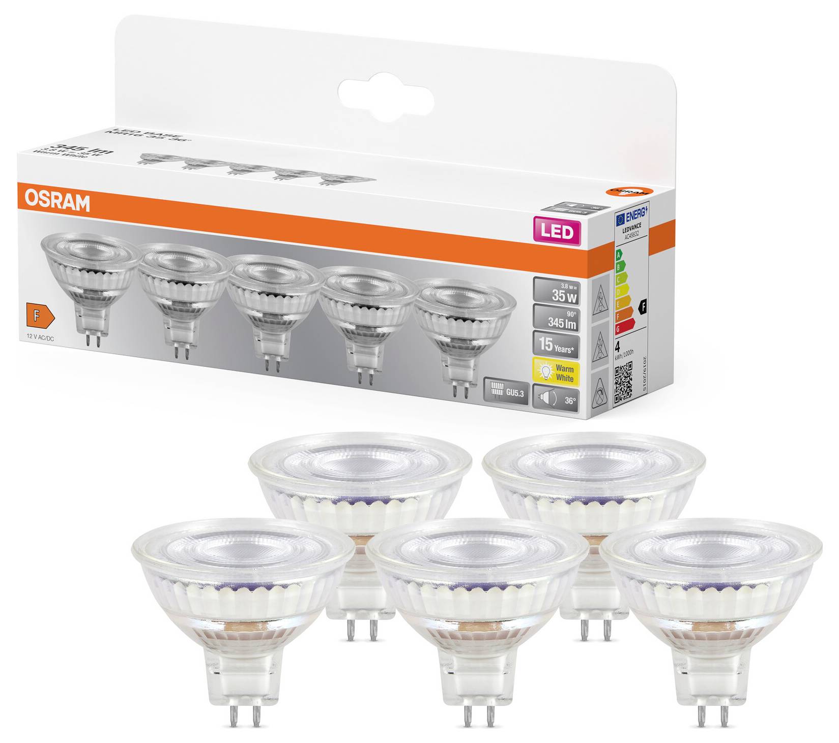 Sechs LED-Glühlampen vor Verpackung. Verpackung zeigt Marke OSRAM, 35W, 345lm, 2700K. Lampen in Form von Strahlern.