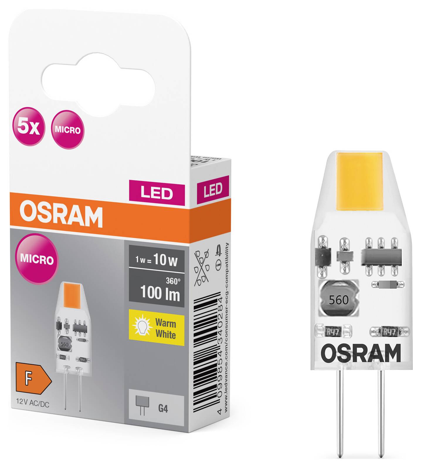 OSRAM HOMELIGHTING 4099854340284 LED EEK F (A - G) G4 1W = 10W Warmweiß (Ø x H) 10mm x 10mm 5St.