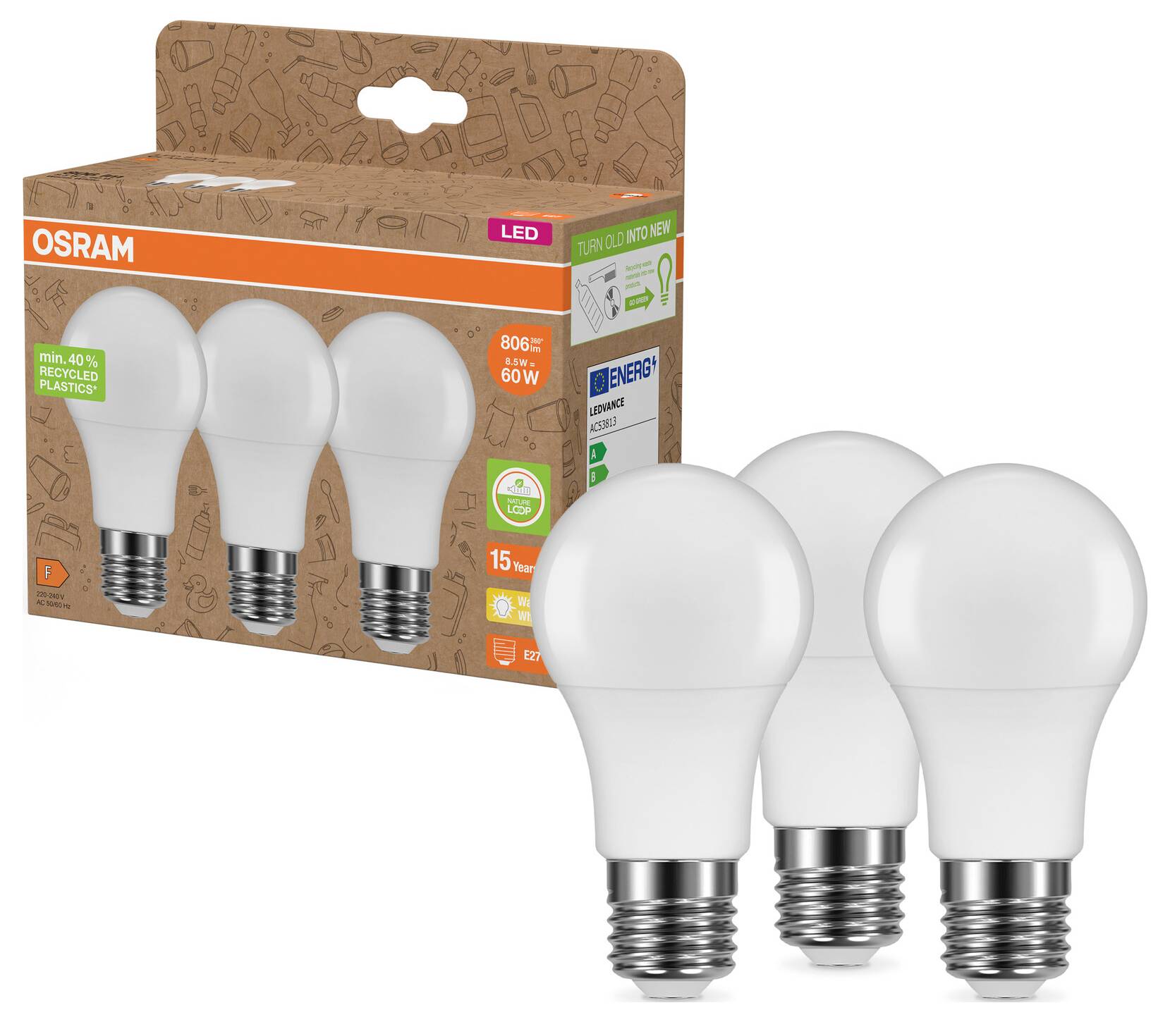OSRAM HOMELIGHTING 4099854340338 LED EEK F (A - G) E27 8.5W = 60W Warmweiß (Ø x H) 60mm x 60mm 3St.