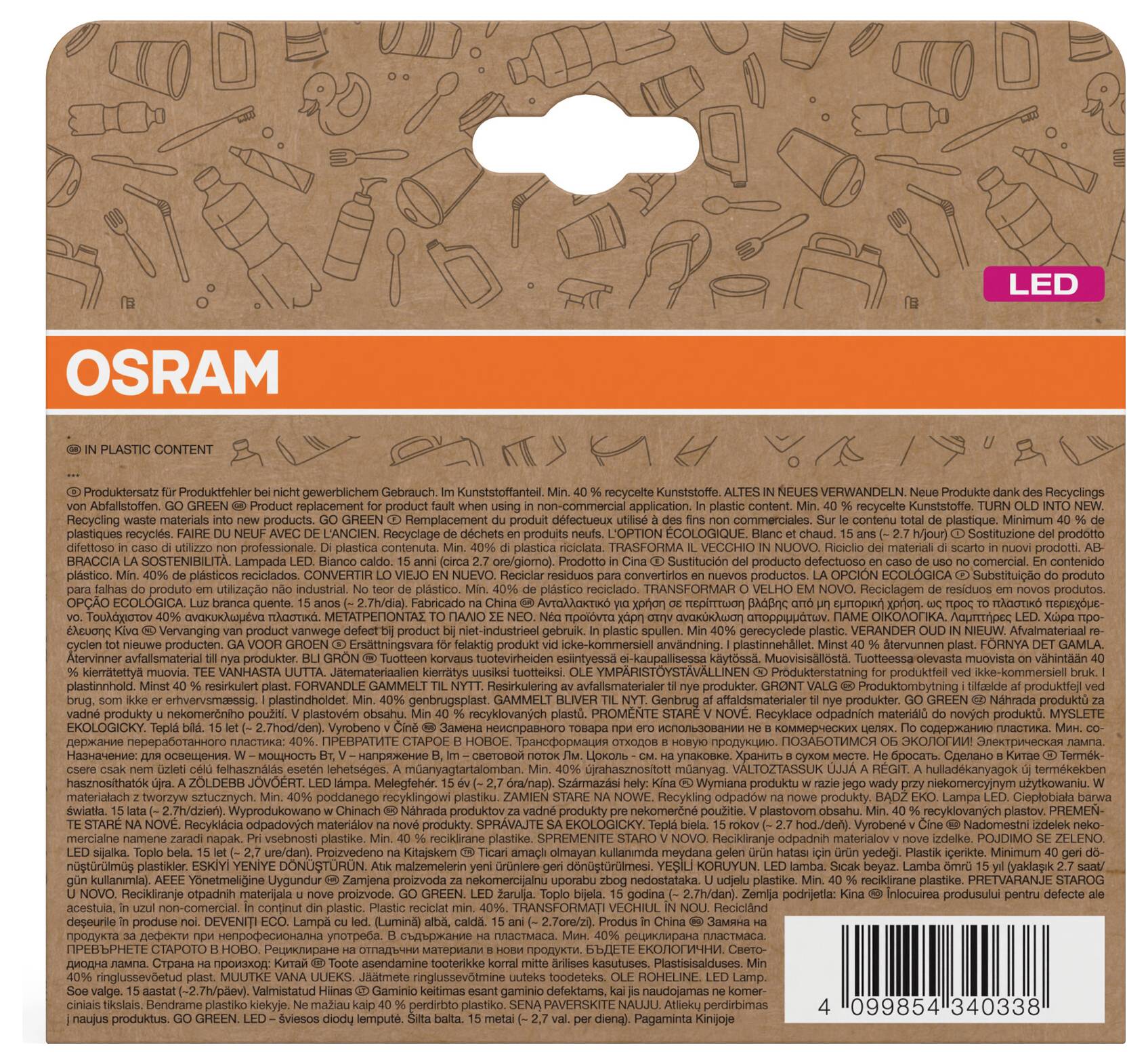 OSRAM LED-Glühbirnen-Verpackung aus braunem Karton mit orangem Branding, „LED