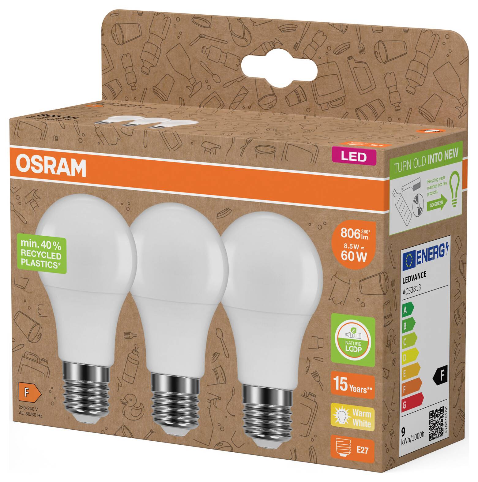 OSRAM LED-Glühbirne in Einzelhandelverpackung mit drei weißen Glühbirnen, gekennzeichnet mit 8,5W, 806 Lumen, warmweiß und Energieklasse F.