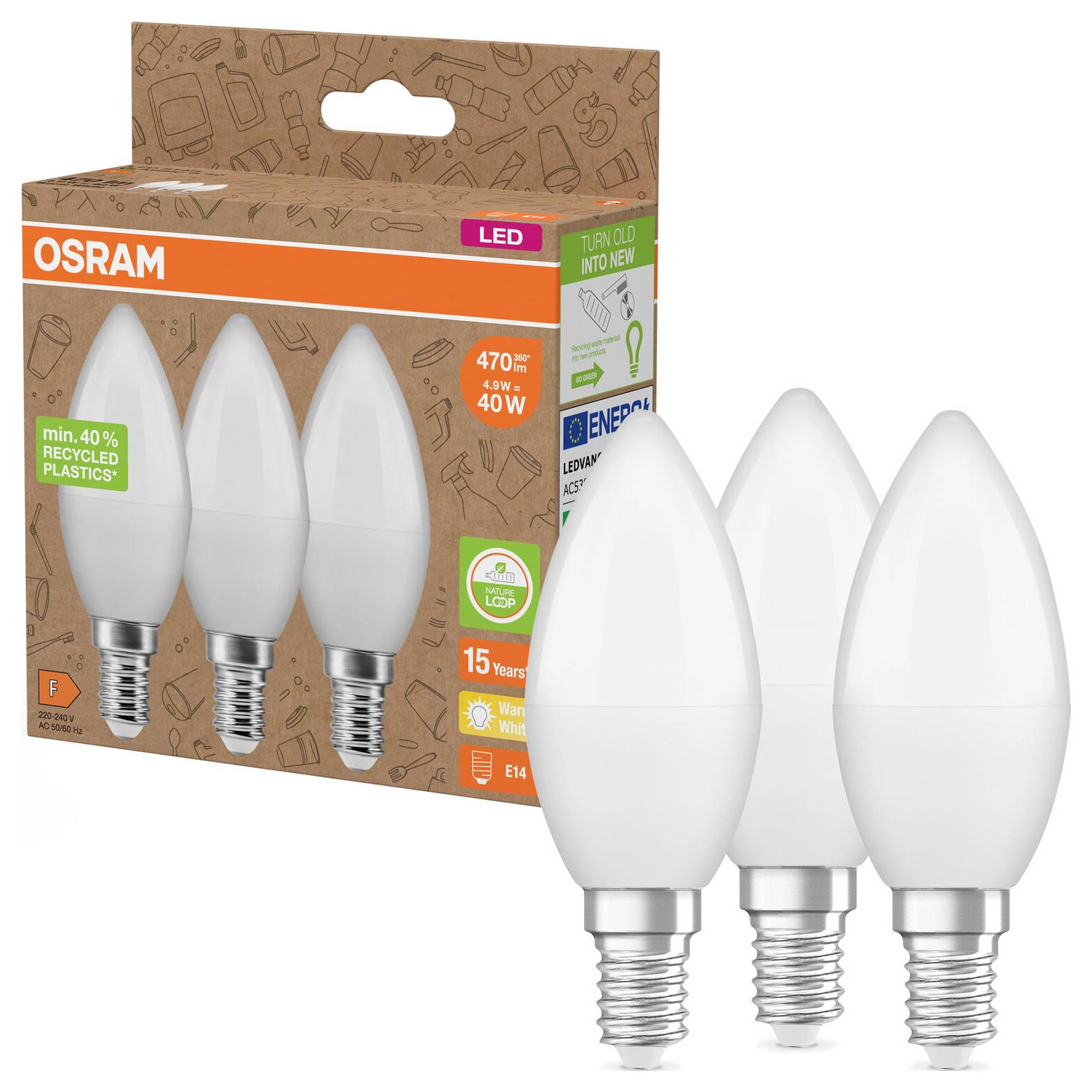OSRAM HOMELIGHTING 4099854340314 LED EEK F (A - G) E14 4.9W = 40W Warmweiß (Ø x H) 37mm x 37mm 3St.