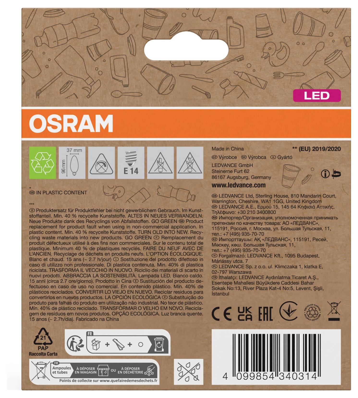 OSRAM LED-Glühbirnenpaket-Etikett mit Produktsymbolen, Sicherheitssymbolen, Recyclingmarken, mehrsprachigem Text und Barcode.