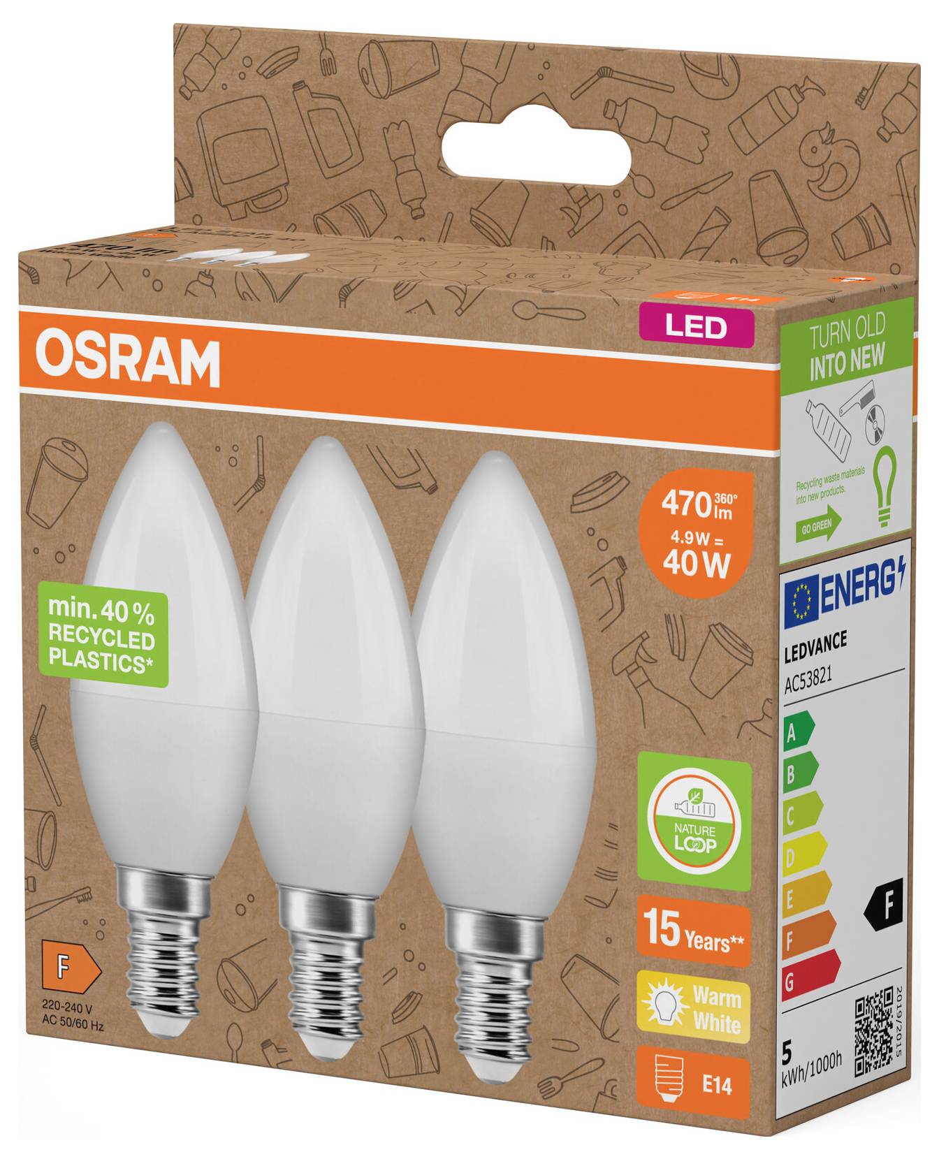OSRAM LED-Glühbirnenpaket mit drei kerzenförmigen Glühbirnen, 470 lm, 4,9W entsprechend 40W, warmweiß, Energieeffizienzklasse F.