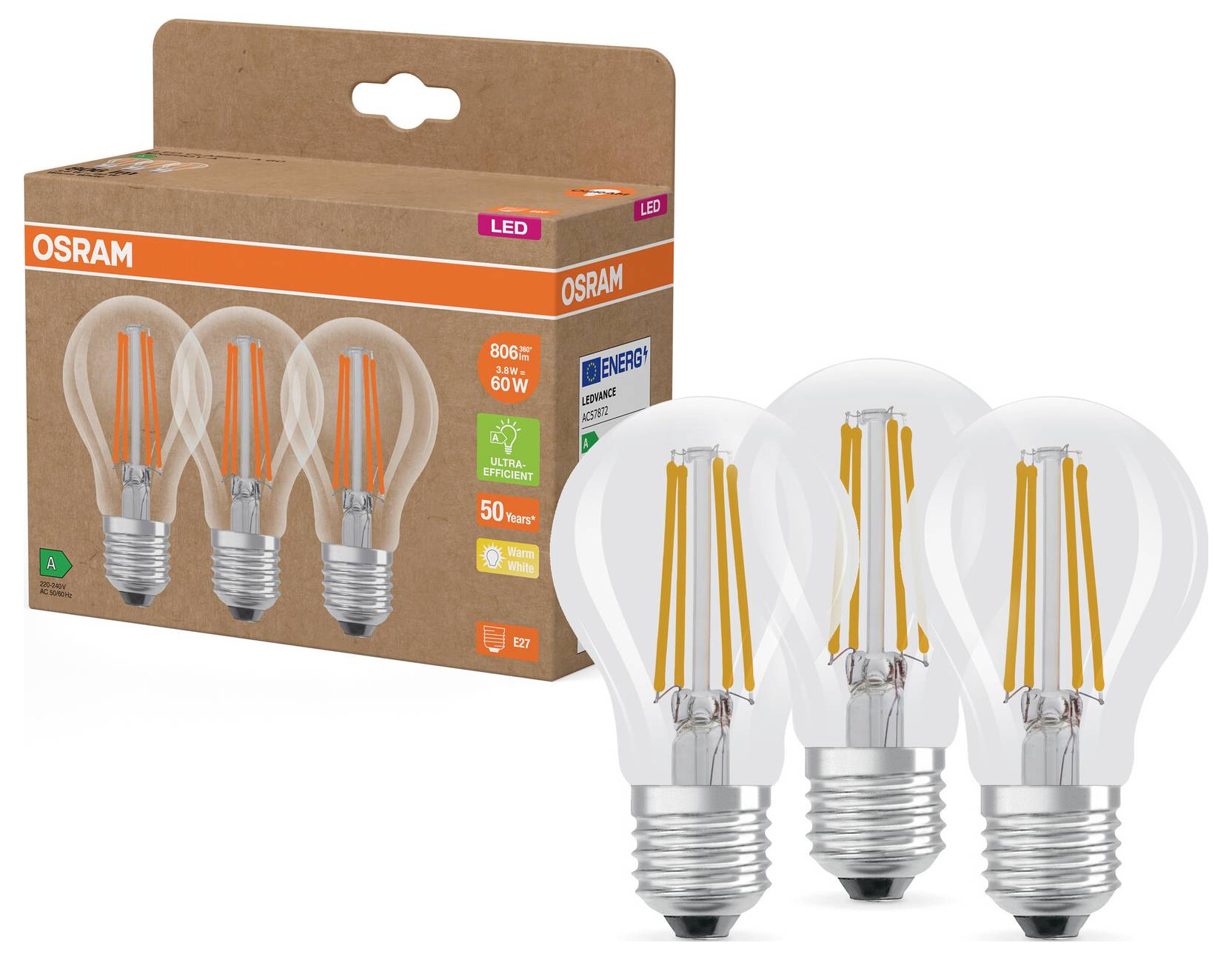 OSRAM HOMELIGHTING 4099854338601 LED EEK A (A - G) E27 3.8W = 60W Warmweiß (Ø x H) 60mm x 60mm 3St.