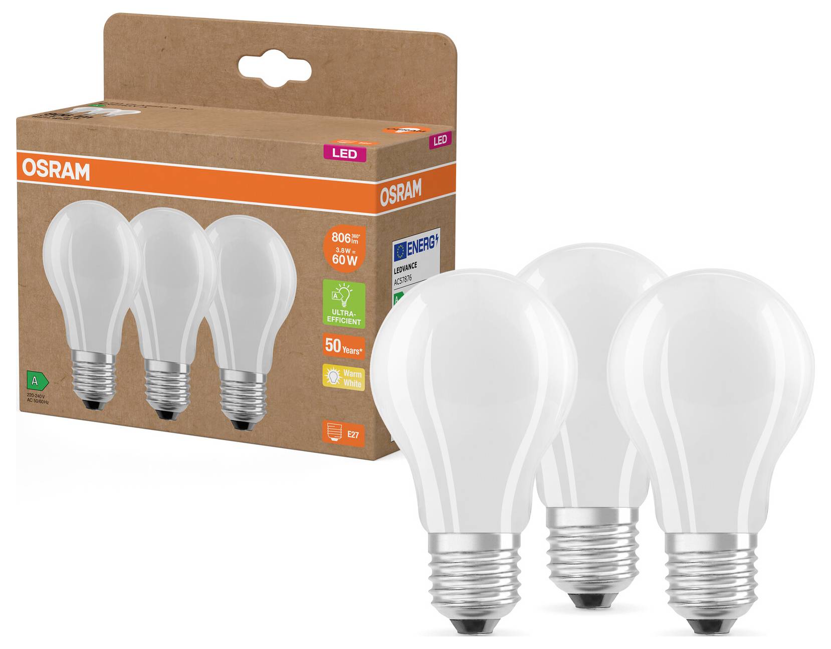 OSRAM HOMELIGHTING 4099854338656 LED EEK A (A - G) E27 3.8W = 60W Warmweiß (Ø x H) 60mm x 60mm 3St.