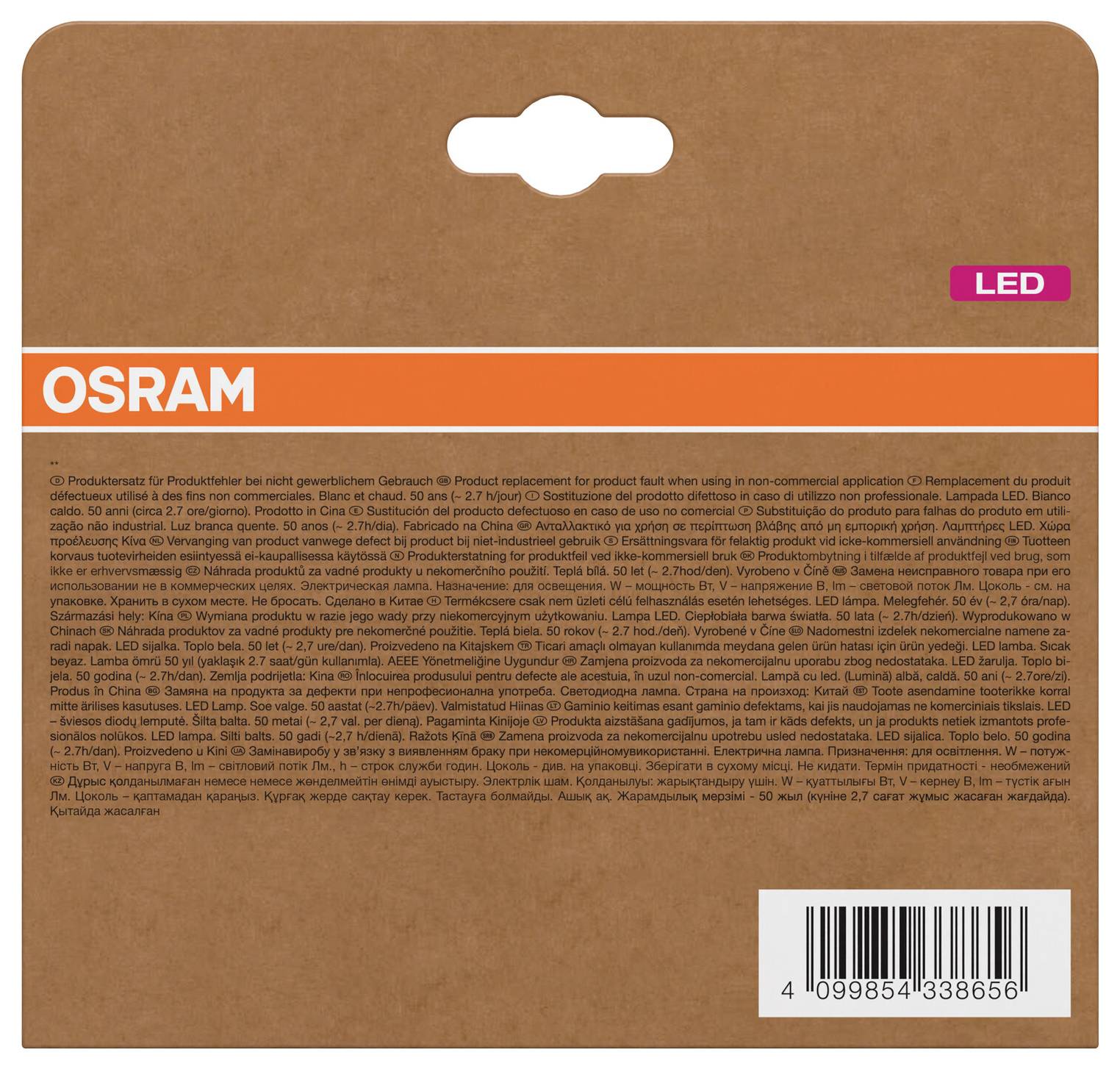 OSRAM LED-Glühbirne in Einzelhandelspakete aus braunem Karton mit orangefarbigem Branding, kleinem 