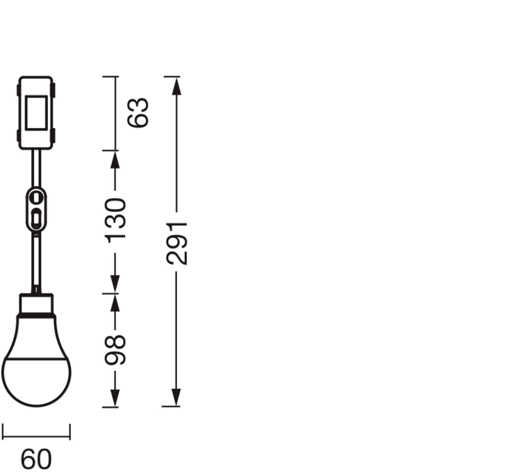 Technische Zeichnung einer Leuchte mit Gesamthöhe 291 mm, bestehend aus Fassung, Glühbirne, und einem schmaleren Aufhängungsstab 60 mm breit.