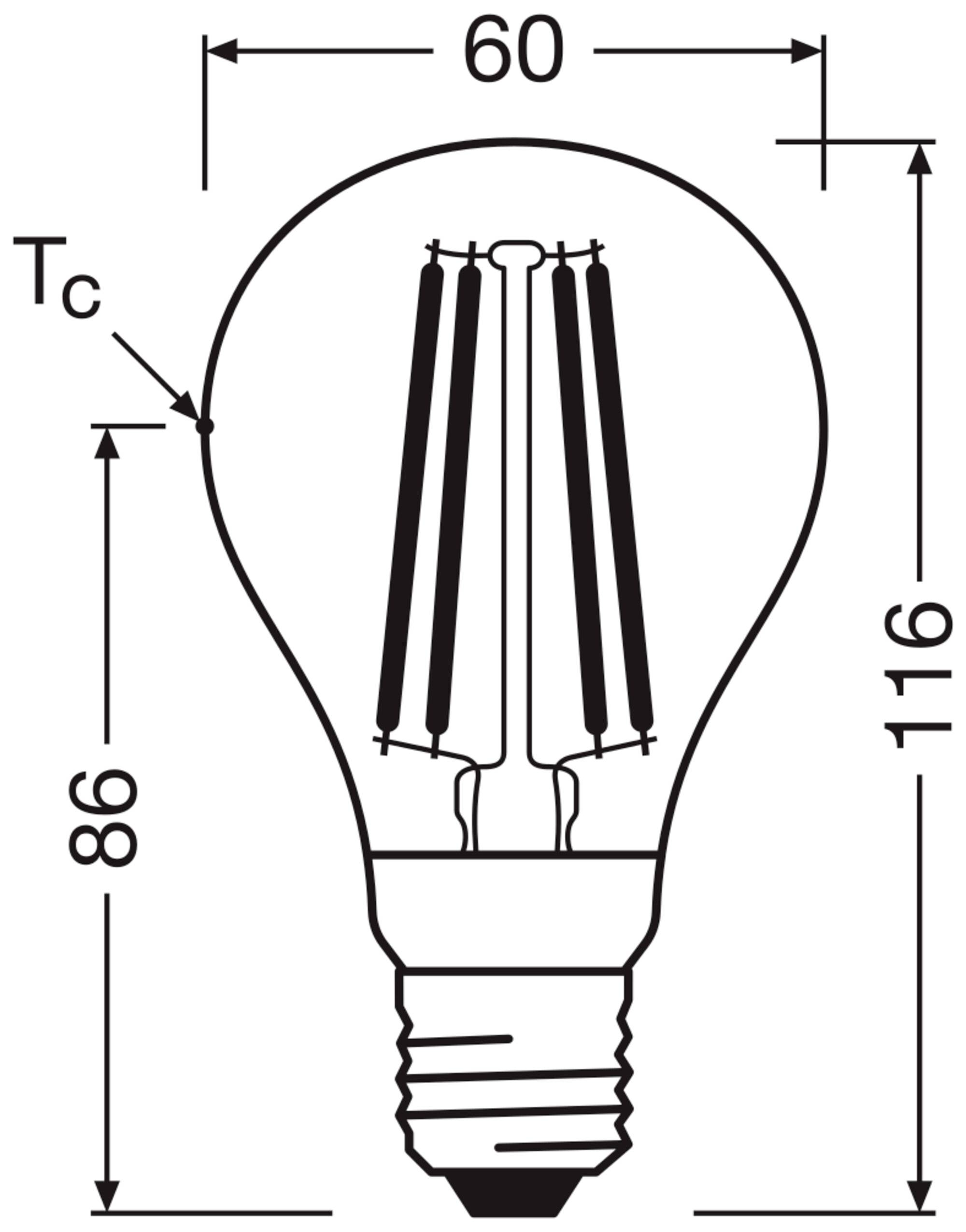 Illustration einer Glühbirne mit den Abmessungen: Höhe 116 mm, Breite 60 mm. Spitze 'Tc' bei 86 mm von der Basis.