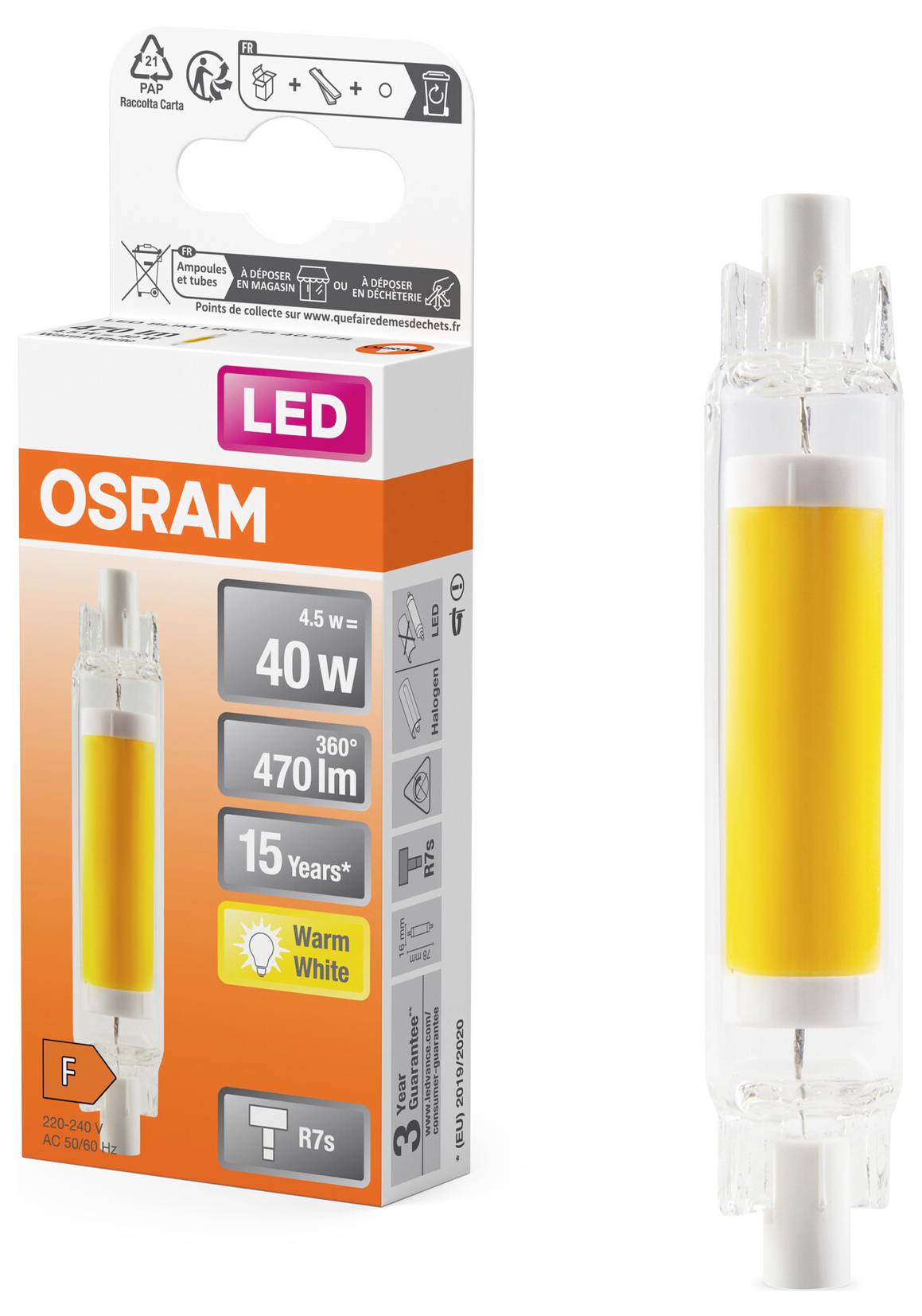 LED-Lampe in transparenter Verpackung von OSRAM. Angaben: 4.5W, 40W, 470lm, 360°, Lebensdauer 15 Jahre, Lichtfarbe 'Warm White'.