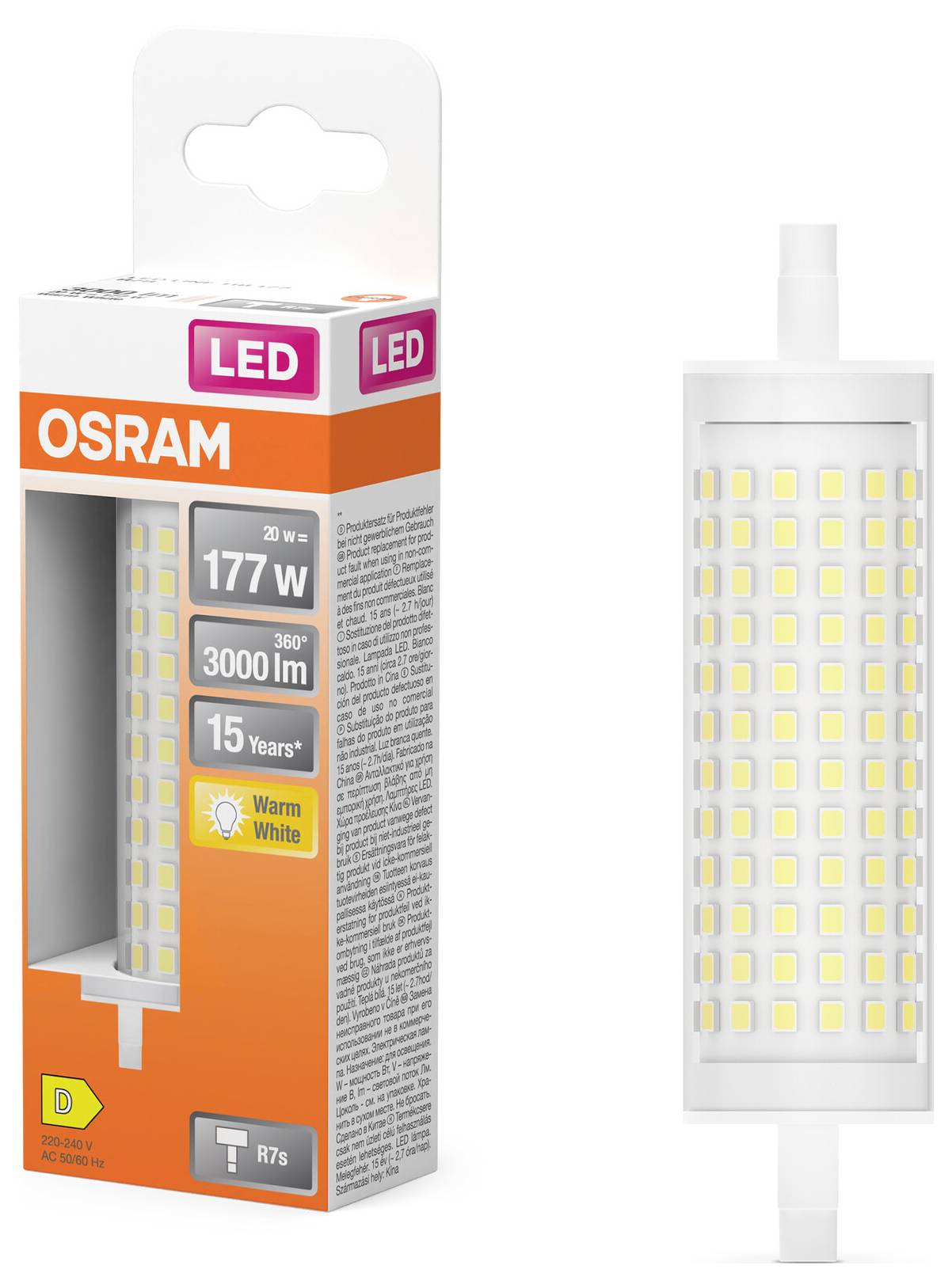 LED-Lampe von OSRAM neben der entsprechenden Verpackung. Die Verpackung zeigt Spezifikationen: 20W, 177W Ersatz, 3000lm, 15 Jahre, Warmweiß.