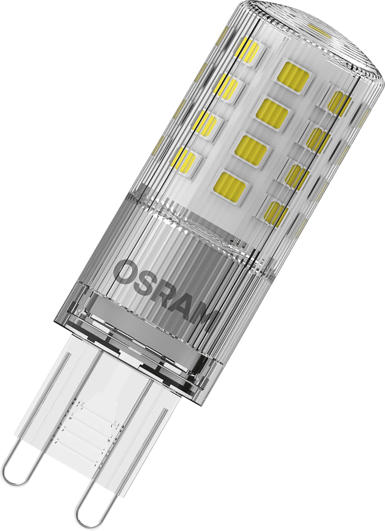 Kleine LED-Birne von OSRAM in Zylinderform, transparentes Gehäuse mit mehreren gelben Chips sichtbar. Geeignet für effiziente Beleuchtung.