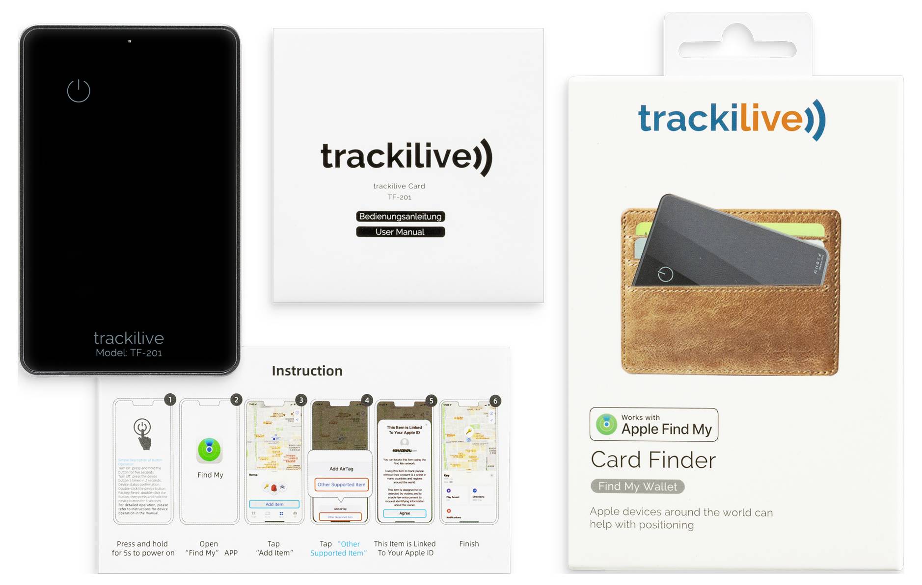'trackilive Card Finder' Verpackung und Komponenten. Enthält ein schwarzes Gerät, Gebrauchsanweisung und eine Anleitung mit Illustrationen.