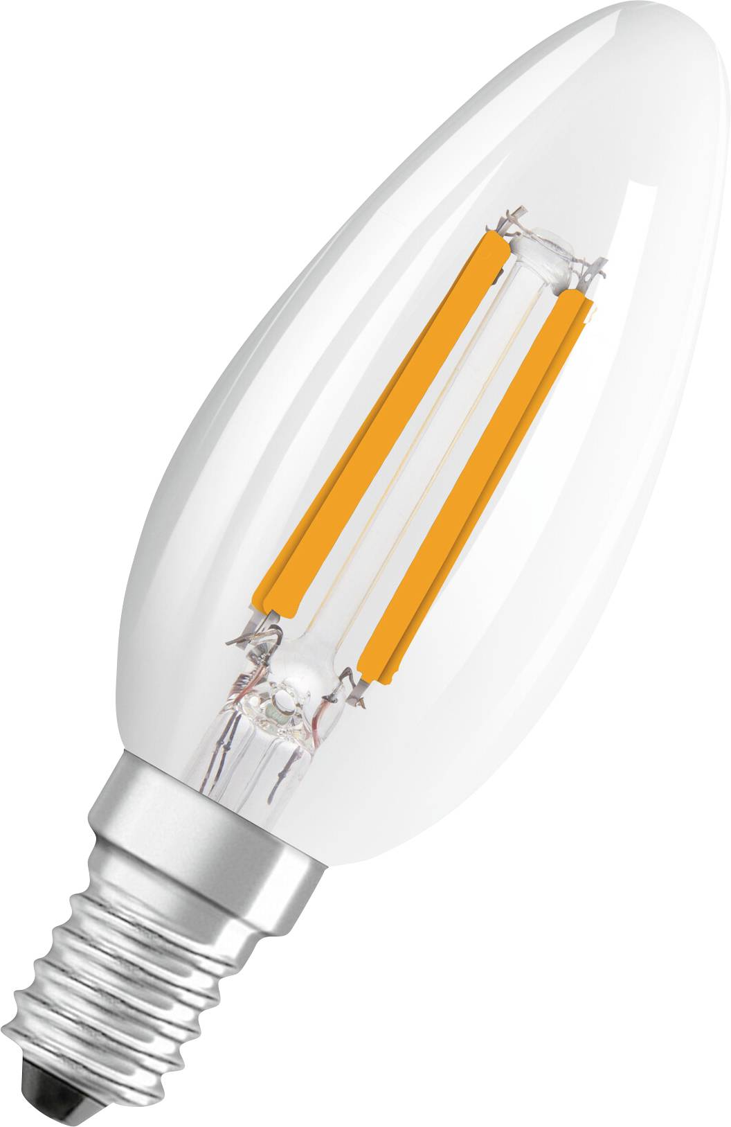 Eine LED-Kerzenlampe mit E14-Sockel und orangen Glühfäden, geeignet für dekorative Beleuchtung in Wohnräumen.