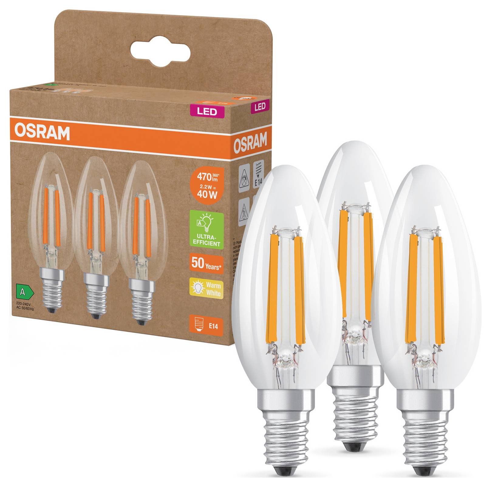 Drei LED-Kerzenlampen mit E14-Sockel und 470 Lumen, dargestellt vor ihrer Verpackung der Marke Osram. Effizienzklasse A.