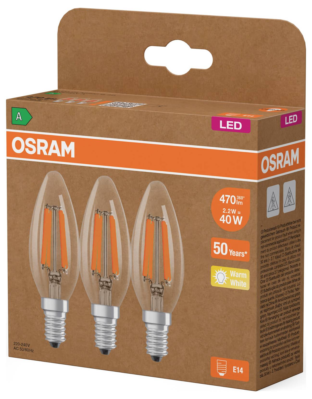 OSRAM LED-Glühbirnenpackung mit drei warmweißen 40-Watt-äquivalenten E14-Glühbirnen auf der Schachteln abgebildet.