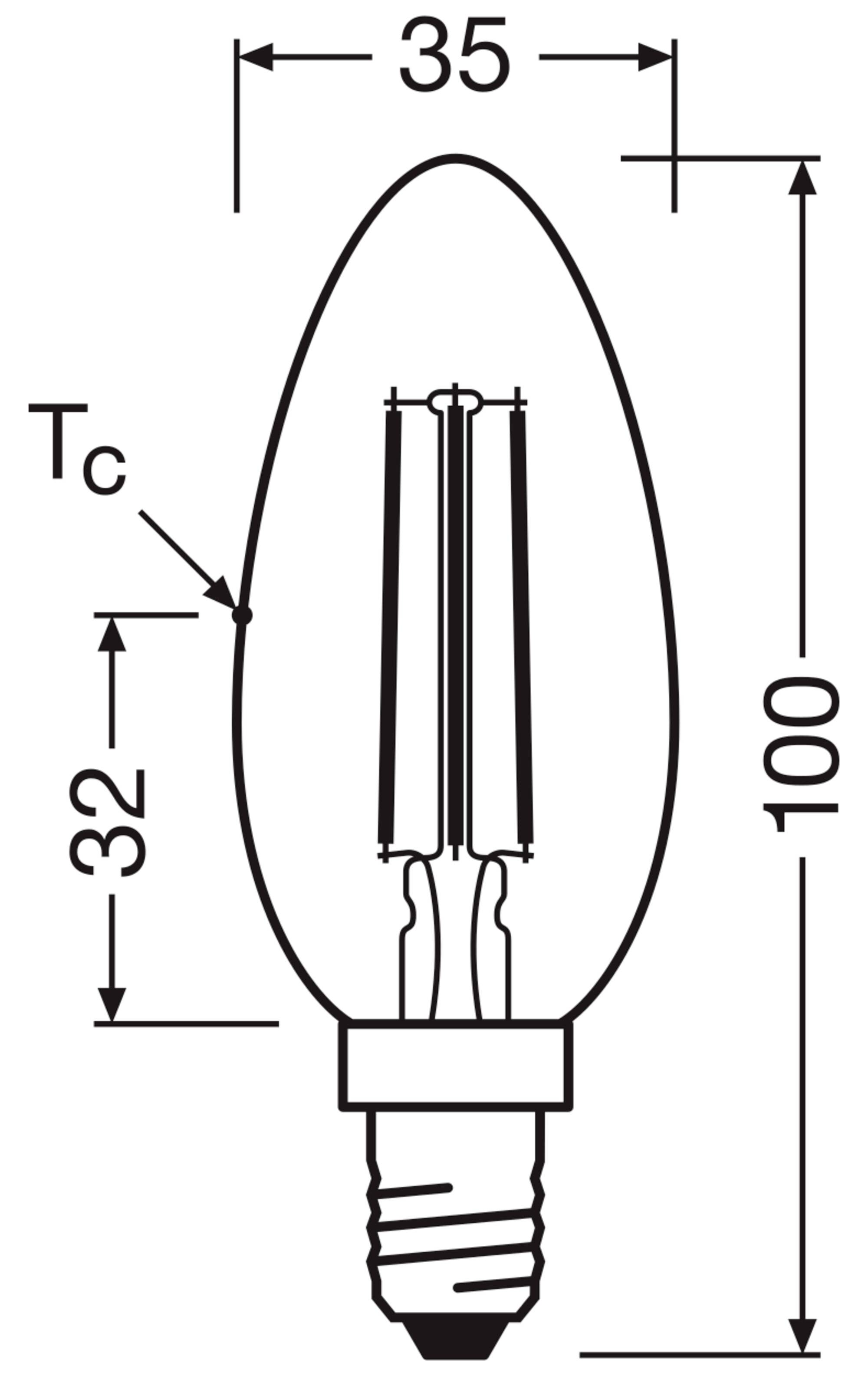 Glühbirne im Schema mit Maßen: Höhe 100mm, Breite 35mm, mit Tc-Markierung auf 32mm, zeigt Aufbau und Abmessungen der Birne.