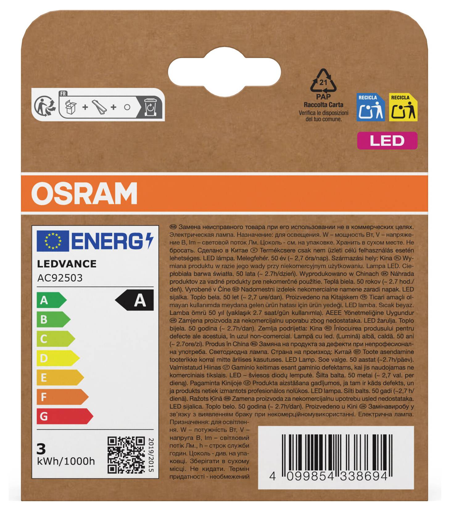 OSRAM LEDVANCE Glühbirnenverpackungsetikett mit Energieeffizienzklasse A und 3 kWh/1000h, mit Barcode und Recycling-Symbolen.