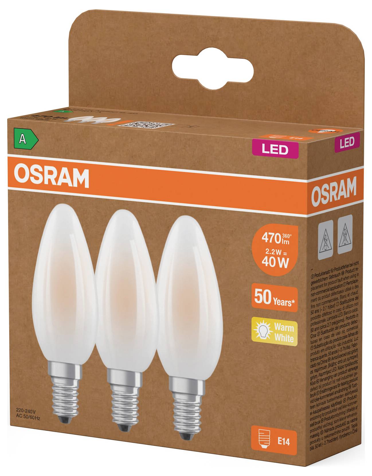 OSRAM LED-Glühbirnenkarton mit drei mattierten kerzenförmigen Glühbirnen, gekennzeichnet mit 40W-Äquivalent, 470 Lumen, Warmweiß, E14-Sockel, Energieklasse A.