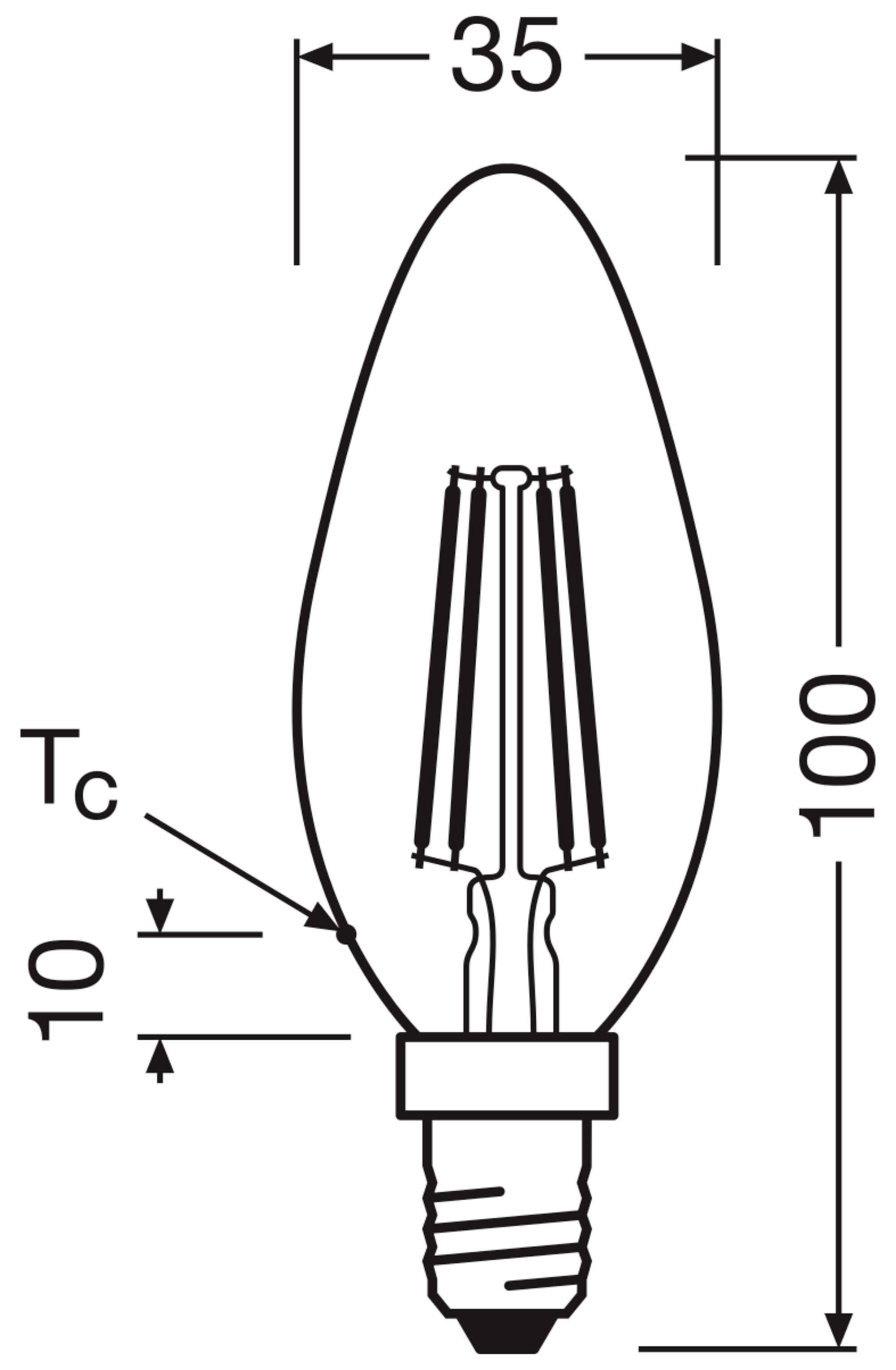 Eine schematische Zeichnung einer Glühbirne mit den Abmessungen 35 mm Durchmesser und 100 mm Länge, sowie Hinweis auf Tc 10 mm.