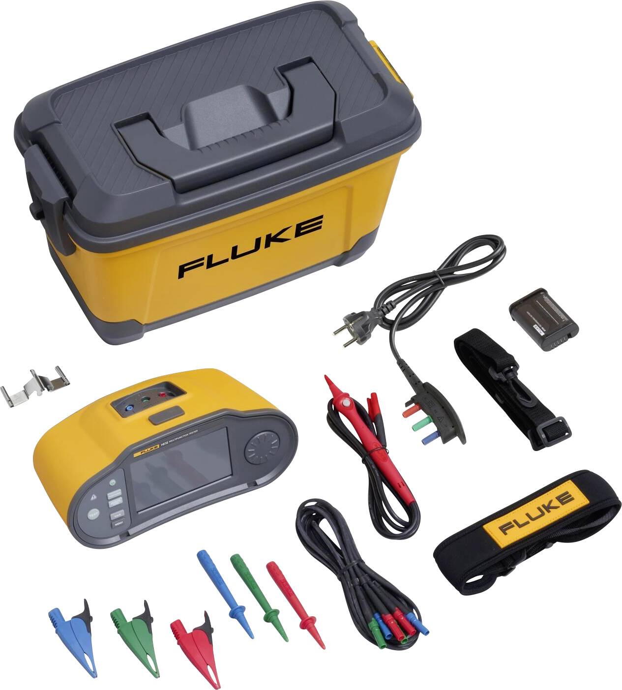Messgerät von Fluke mit Zubehör: Kabel, Klemmen, Adapter, Ladegerät und Tragegurt. Gelbe und schwarze Farbtöne dominieren.