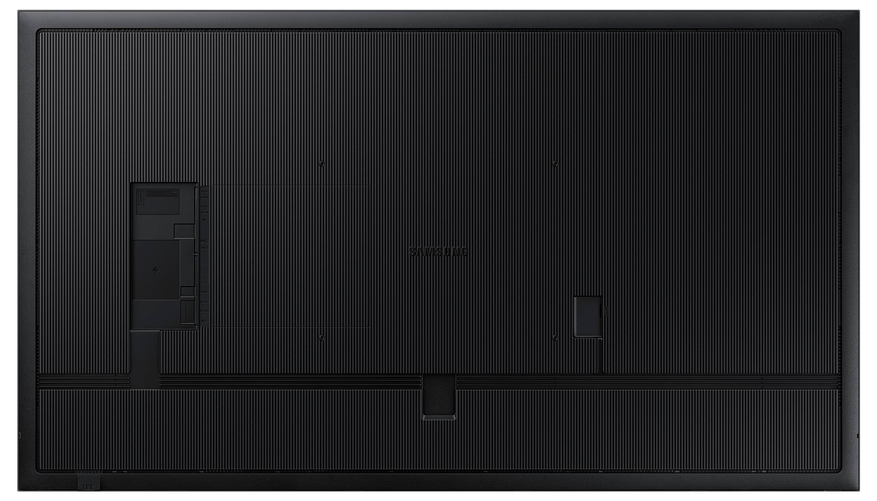 Rückseite eines schwarzen rechteckigen Geräts mit sichtbaren Strukturen und Anschlussstellen, wahrscheinlich ein Bildschirm oder Fernseher.