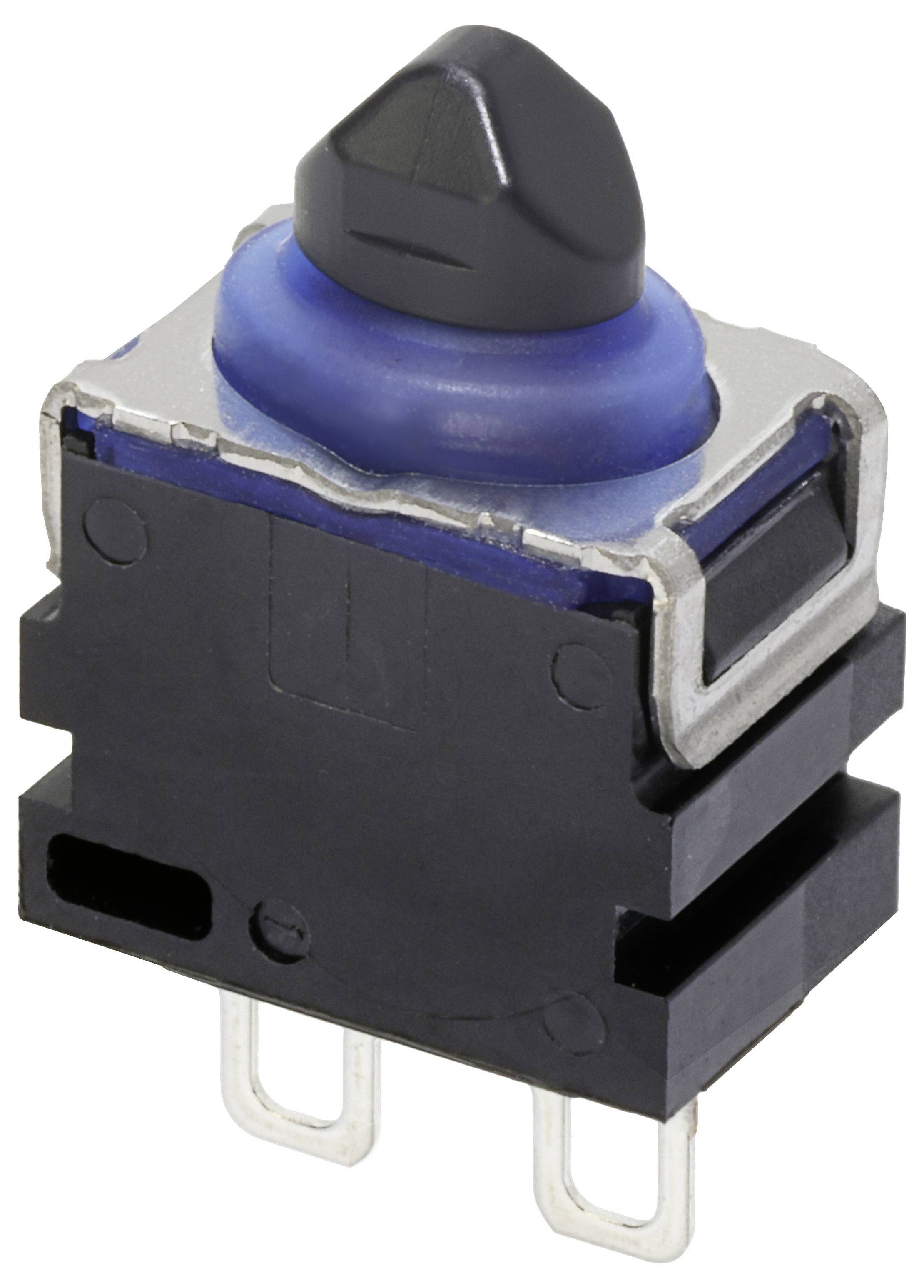 Ein kleiner, schwarzer Schalter mit blauem Sockel und zwei Metallanschlüssen, geeignet für elektronische Geräte.