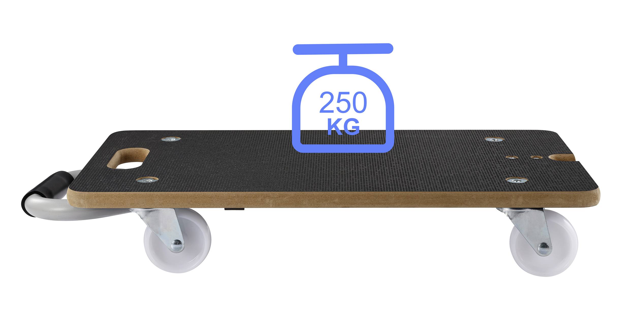 Transportroller mit vier Rädern, maximaler Belastbarkeit von 250 kg. Schwarze Oberfläche mit zwei Tragegriffen an den Seiten.