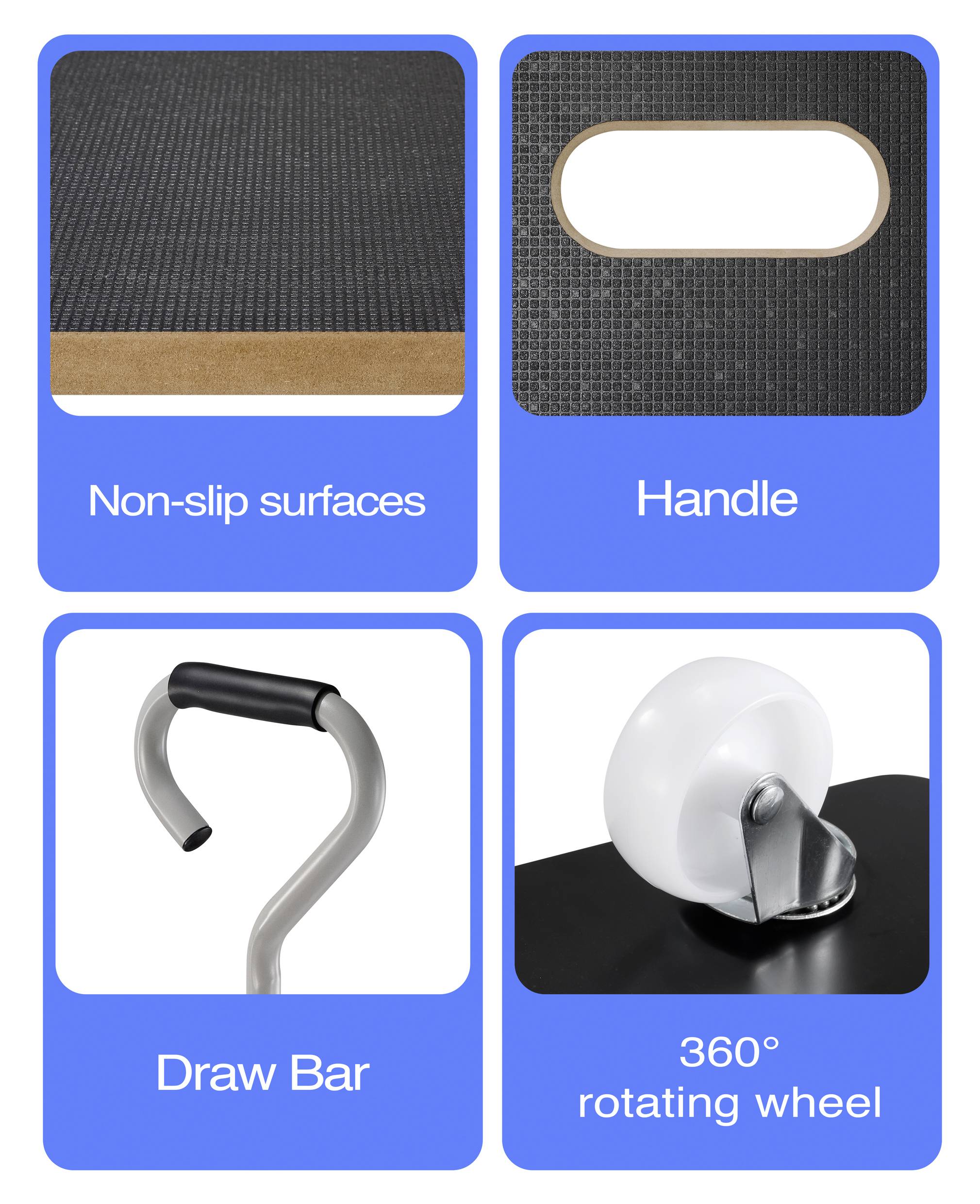 Vier Bilder zeigen: rutschfeste Oberflächen, Griff, Zugstange und 360° drehbares Rad eines Objekts, jeweils mit Beschriftungen.
