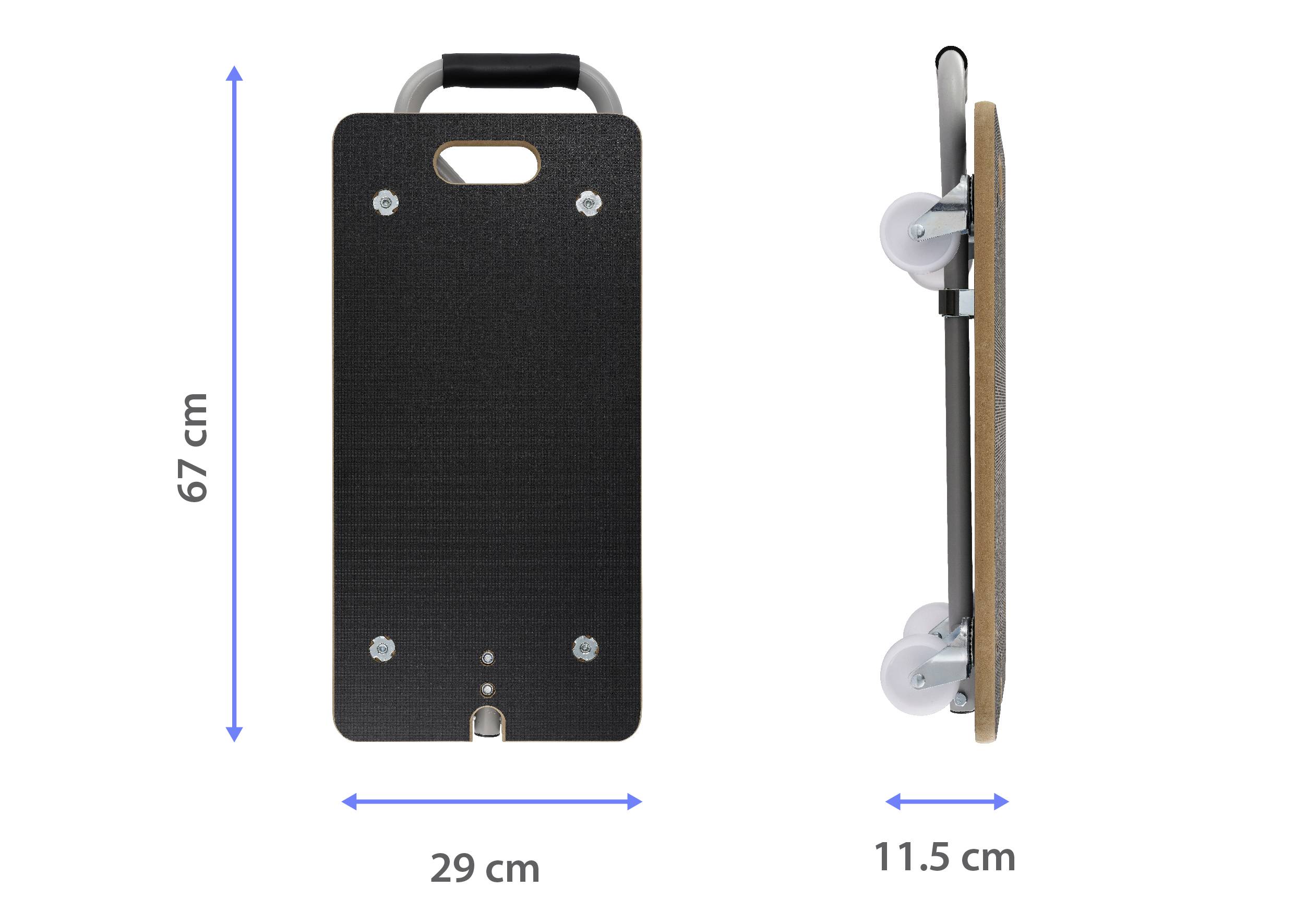 Ein Klappwagen mit den Maßen 67 cm hoch, 29 cm breit und 11,5 cm tief. Gepolsterter Griff oben und vier Rollen unten. Ideal für Transport.