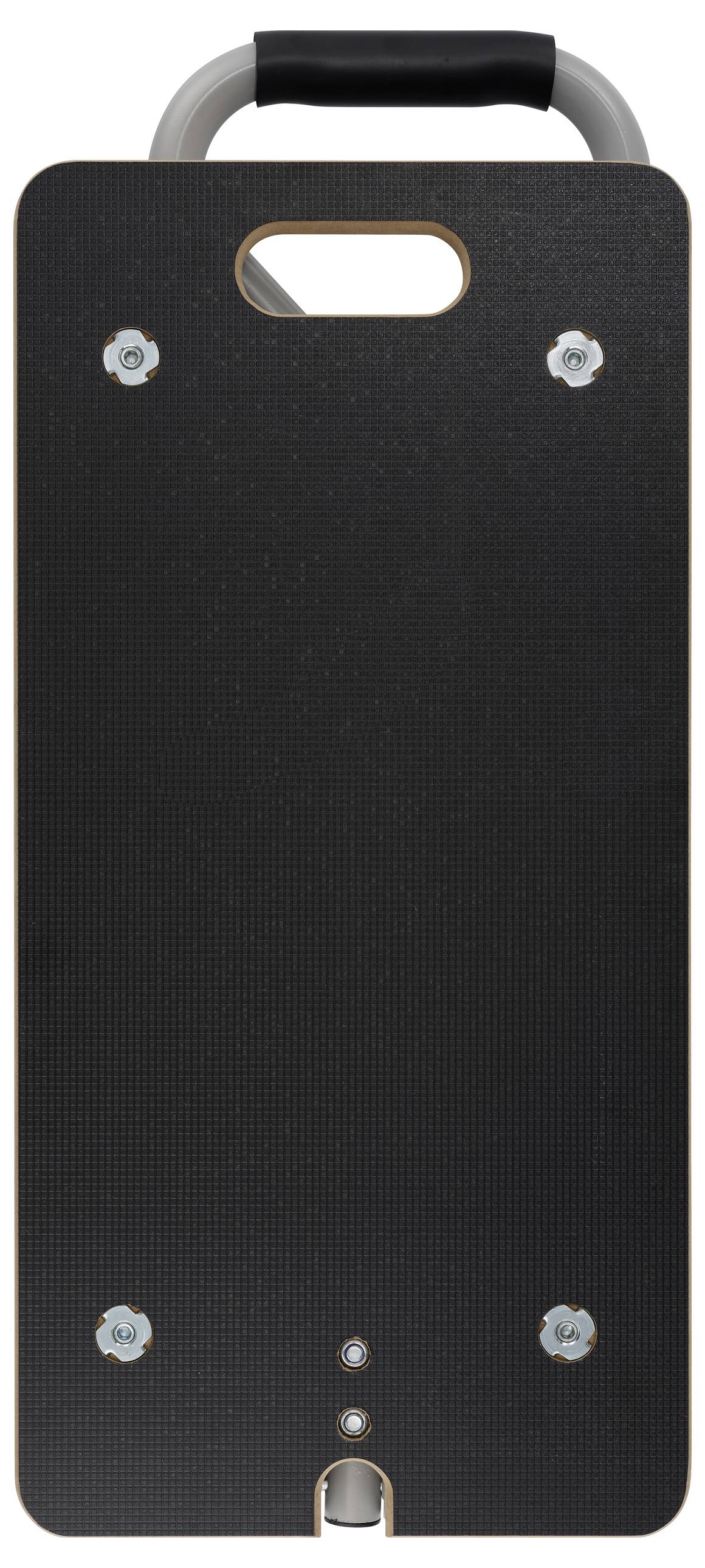 Ein schwarzes, rechteckiges Skateboard-Deck mit zwei Griffen oben. Vier Schrauben sind sichtbar. Helle Ränder und Struktur erkennbar.