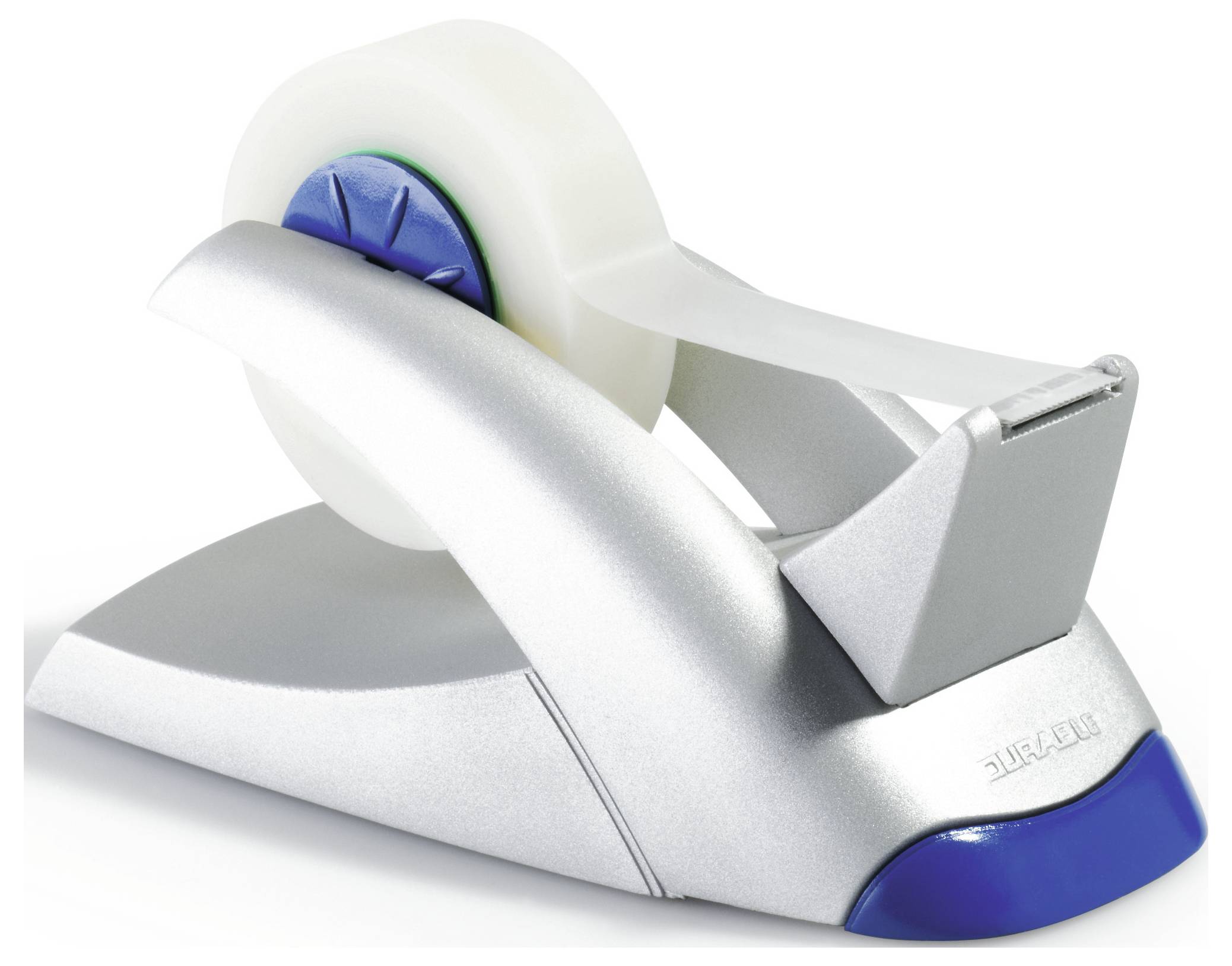 Ein silberner Klebebandspender mit blauer Rolle, bereit zum Schneiden von Klebeband.