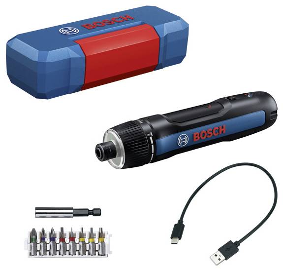 Akku-Schraubendreher-Set von Bosch mit USB-Kabel, verschiedenen Aufsätzen und Aufbewahrungsbox. Geeignet für Heimwerker.