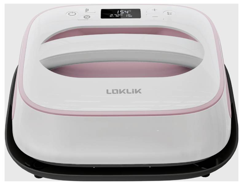 Ein weiß-rosa Wärmegerät mit Digitalanzeige, zeigt Temperatur 154°C und Zeit 2:47 an. Markenname 'Loklik' auf der Oberfläche.