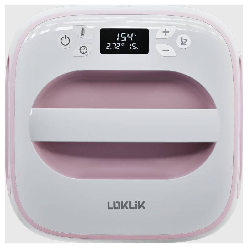 Ein rosa-weißer elektronischer Apparat mit Display zeigt Temperatur und Prozentwerte an. Tasten zur Steuerung sind sichtbar.