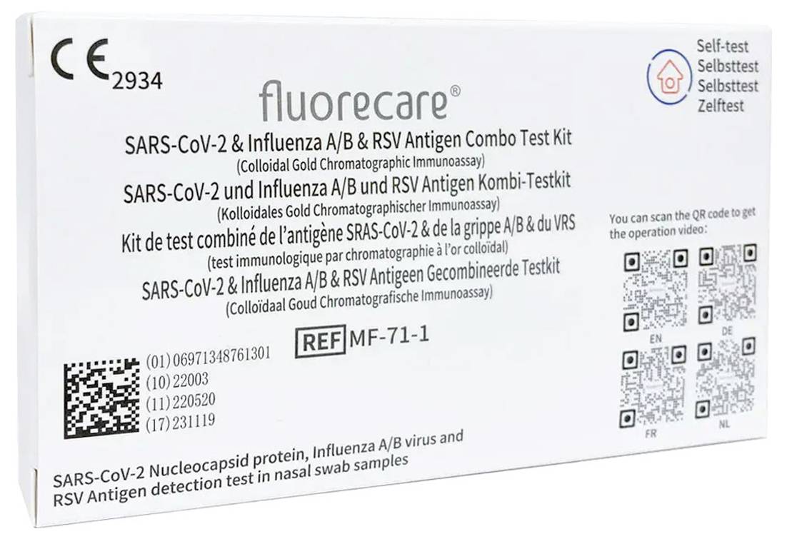 Fluorecare® Corona-Laientest, Selbsttest für Zuhause CBTL-00215-1/K SARS-CoV-2, Influenza A/B & RSV Combo-Schnelltest 1 St