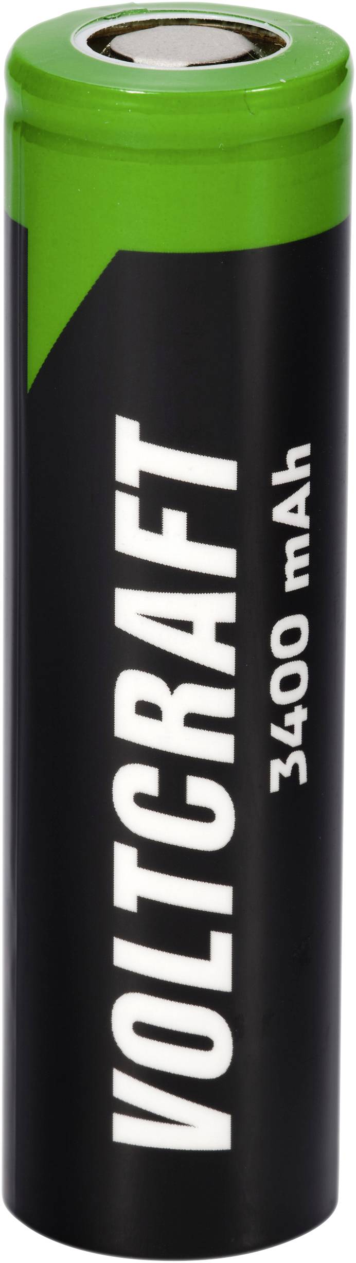 Schwarze Batterie mit grünem Kopf, beschriftet 'VOLTCRAFT 3400 mAh'.
