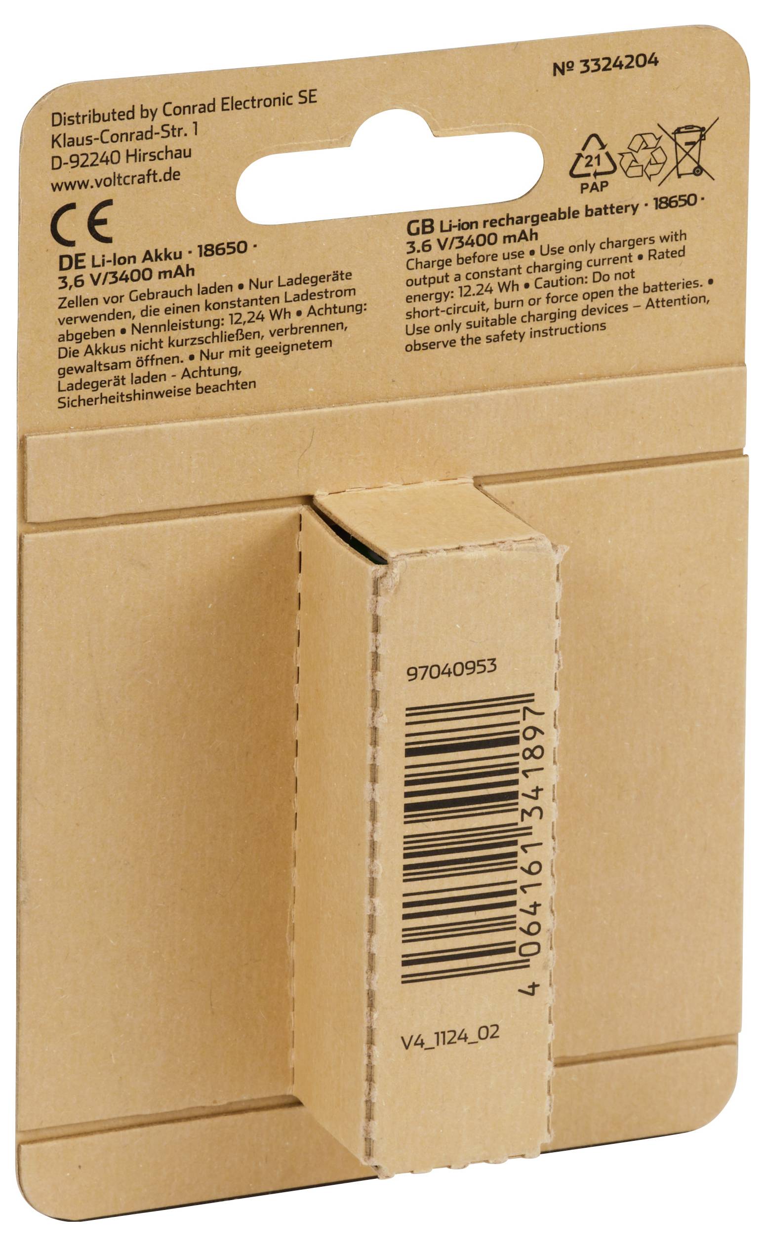 VOLTCRAFT VC-18650 Spezial-Akku 18650 Flat-Top Lithium 3.6V 3400 mAh 1St.