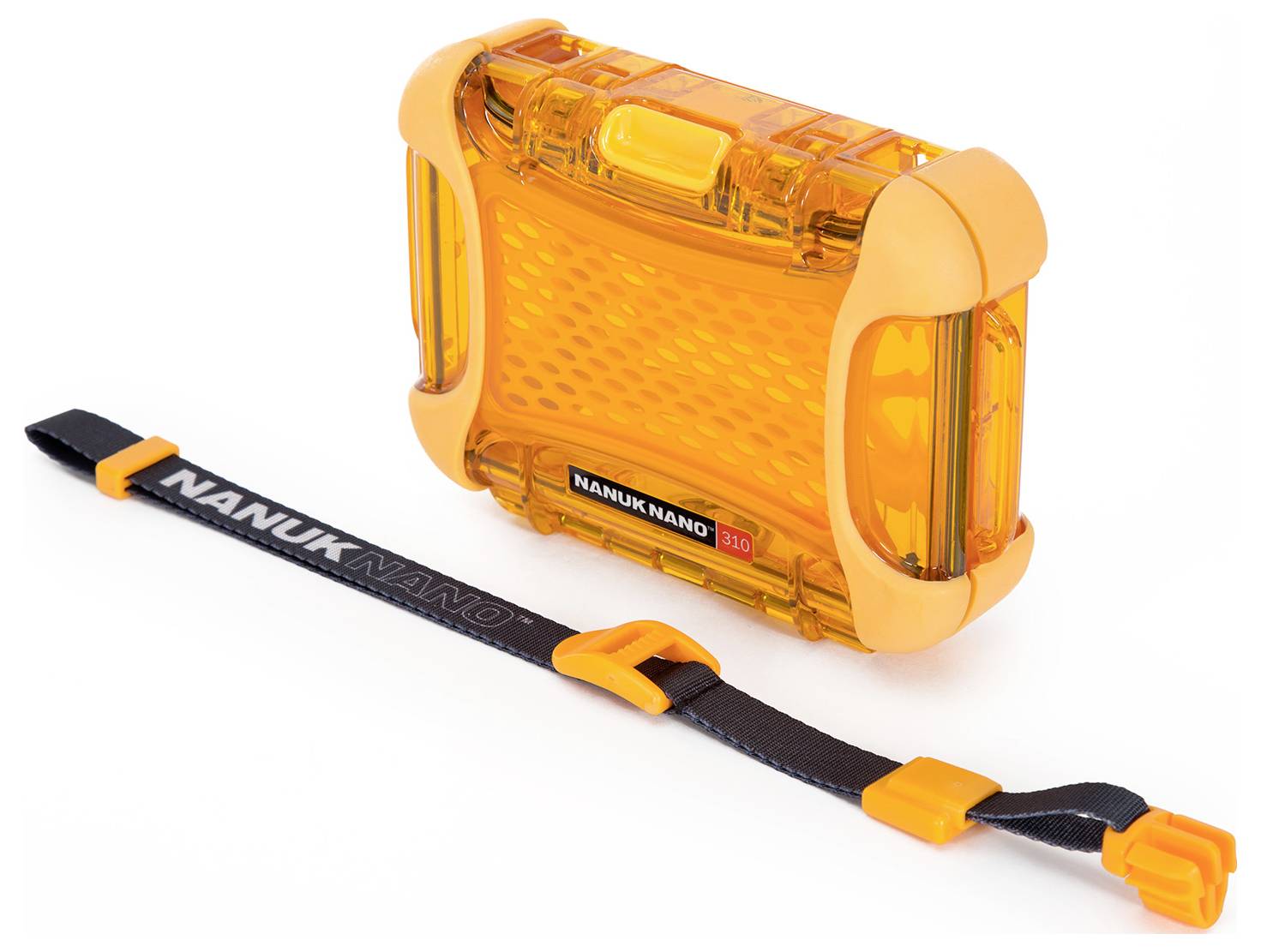 Ein transparenter, orangefarbener Schutzkoffer 'Nanuk Nano 310' mit einem schwarzen Trageriemen daneben.