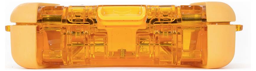 Ein orangefarbener, transparenter Gegenstand mit abgerundeten Kanten.