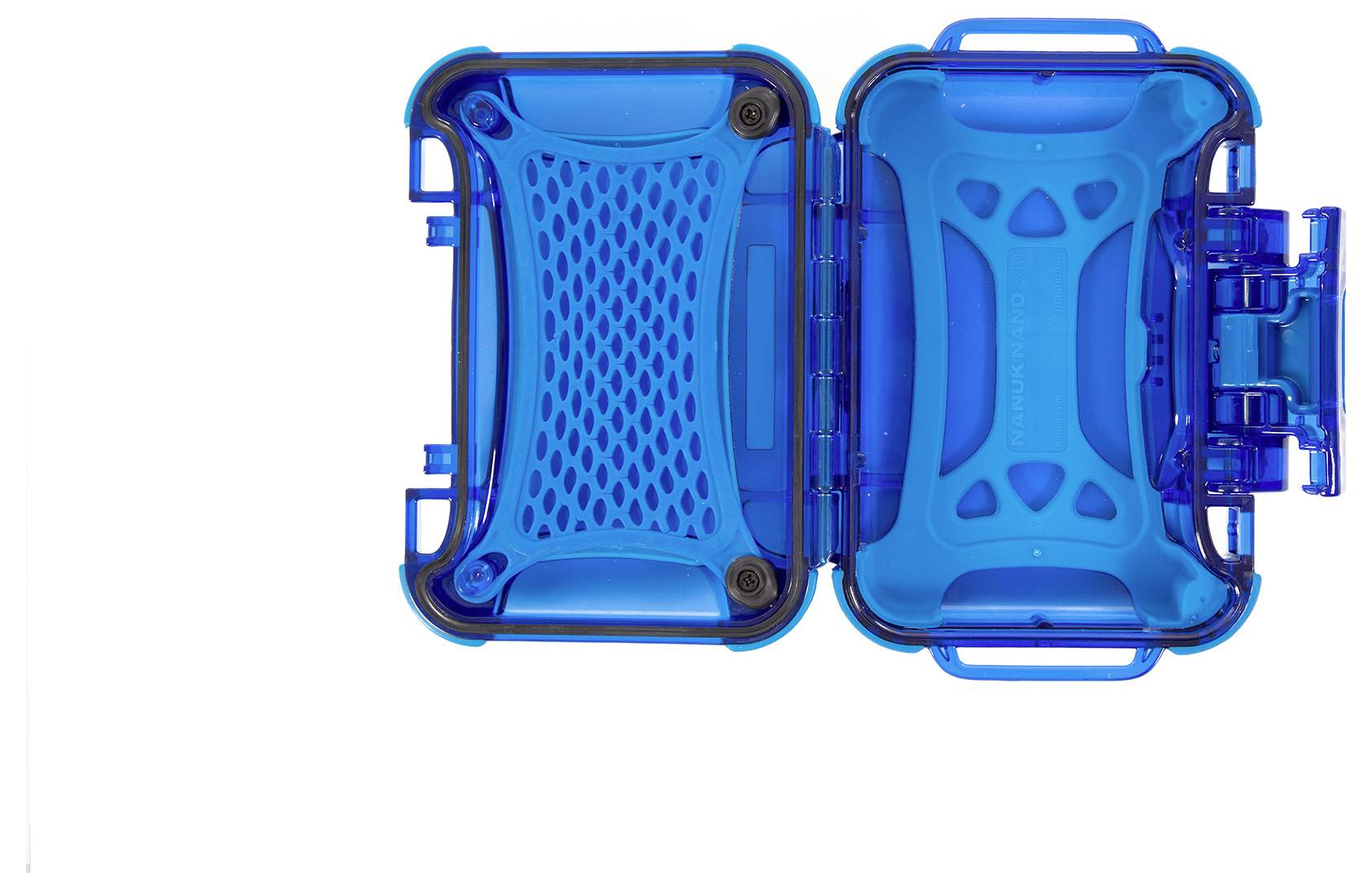 Ein blauer, offener Hartschalenkoffer mit zwei Fächern. Der Koffer hat Griffe und zeigt Lüftungsgitter in beiden Hälften.