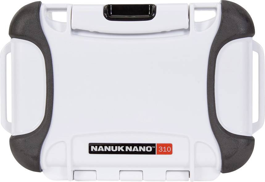 Nanuk Nano 310 Etui, robustes weißes Gehäuse mit schwarzen Ecken, für Schutz von elektronischen Geräten.