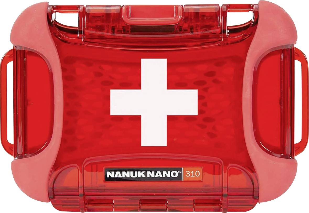 Roter Erste-Hilfe-Koffer mit weißem Kreuz in der Mitte, umgeben von roten Griffen.