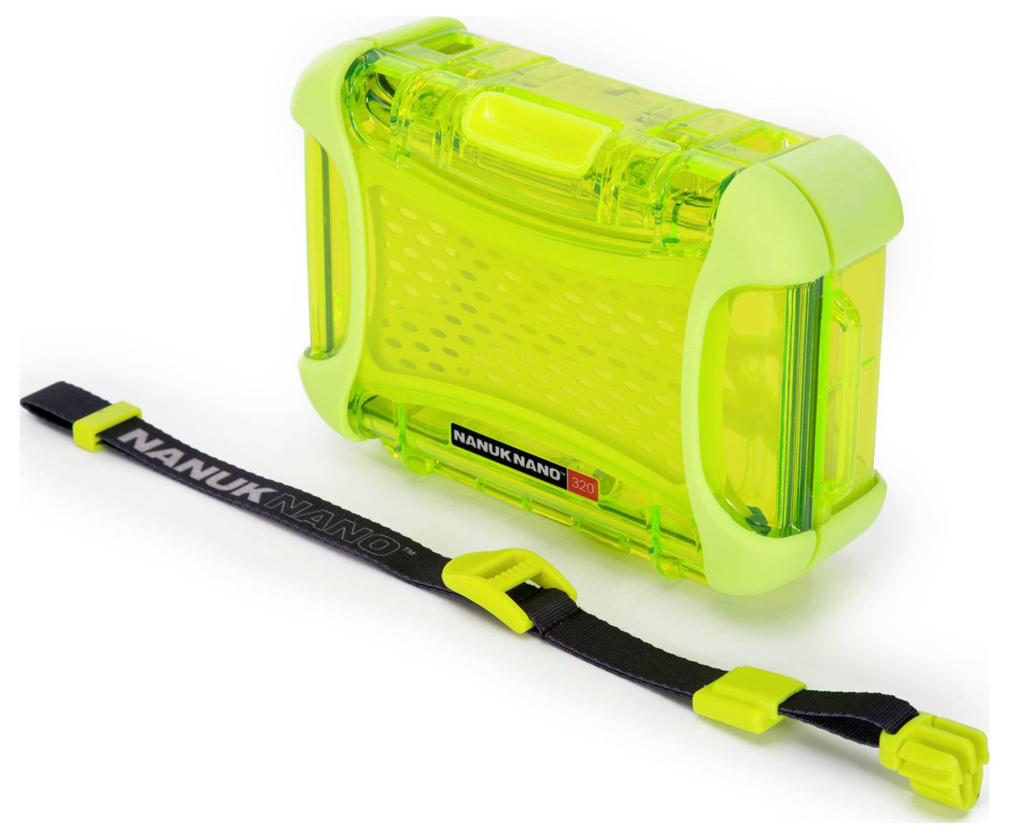 Grüne, robuste Schutzbox mit durchsichtigem Gehäuse, daneben ein schwarzes und gelbes Armband mit Verschluss.