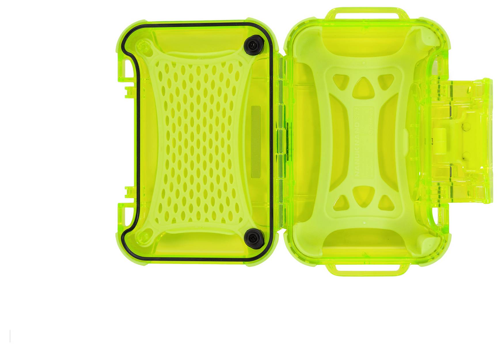 Eine offene, gelb-grüne, transparente Schutzhülle mit abgerundeten Ecken. Geeignet zur sicheren Aufbewahrung von kleinen Gegenständen.